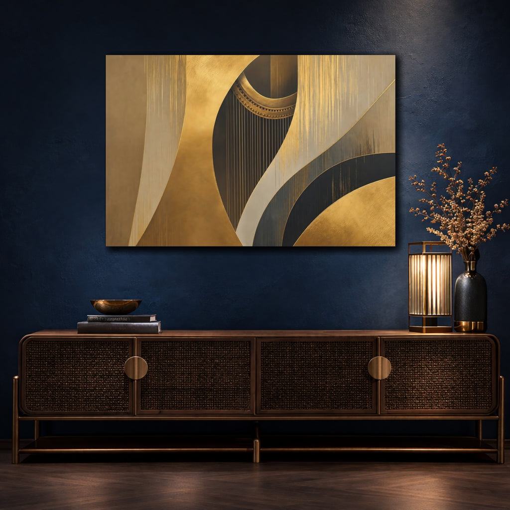 Mockup 4. Abstract Harp Gold And Black shown as stretched canvas wall art