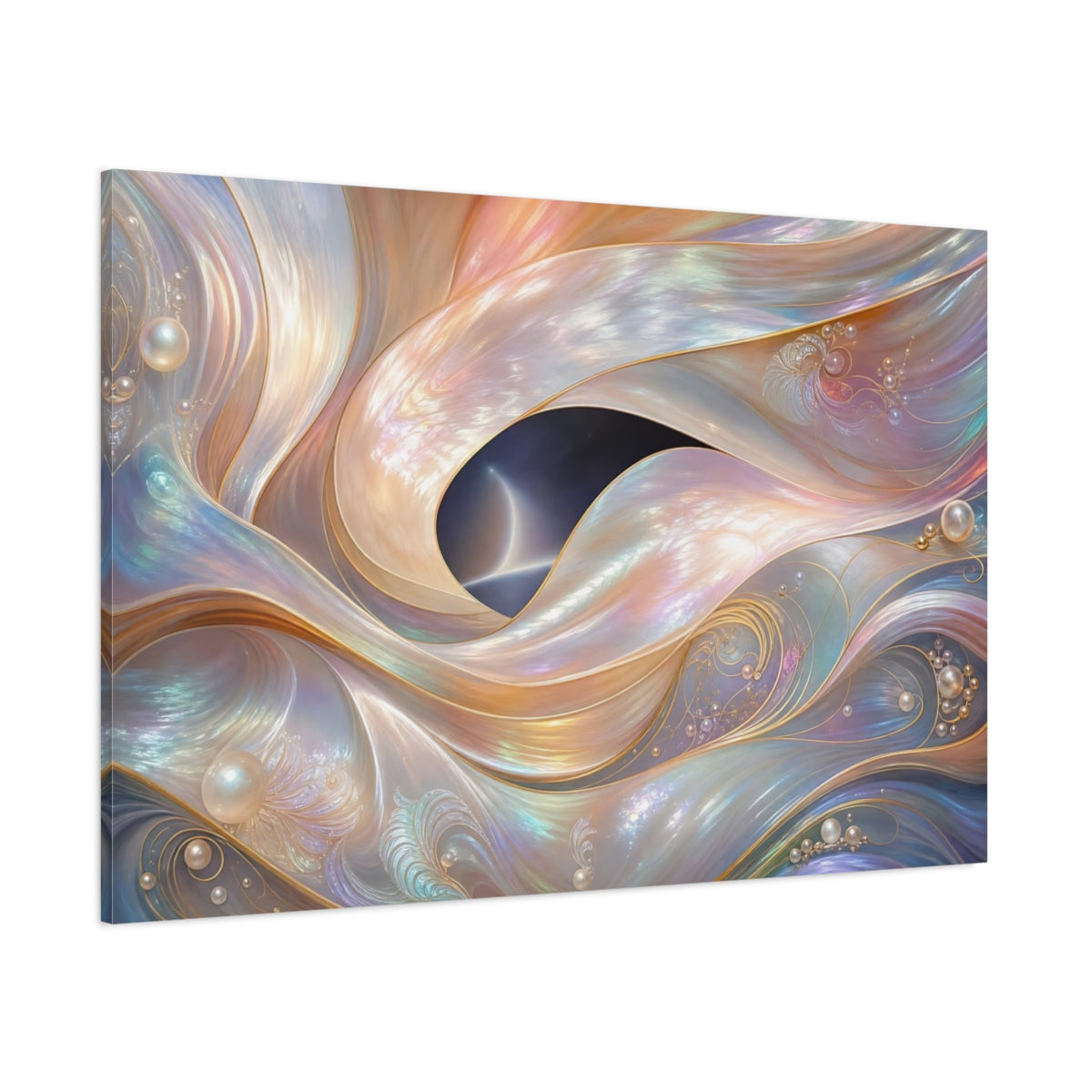 Side Mockup 1. Abstract Iridescent Waves Iridescent Waves shown as stretched canvas wall art