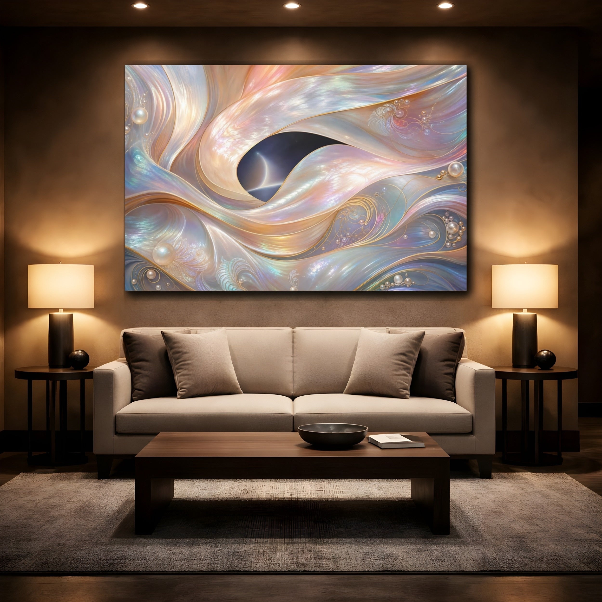 Mockup 2. Abstract Iridescent Waves Iridescent Waves shown as stretched canvas wall art