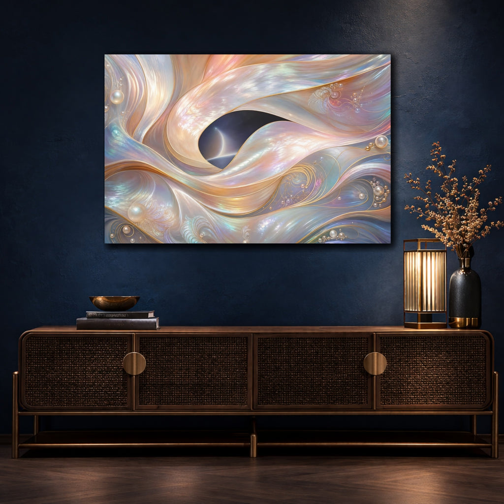Mockup 4. Abstract Iridescent Waves Iridescent Waves shown as stretched canvas wall art