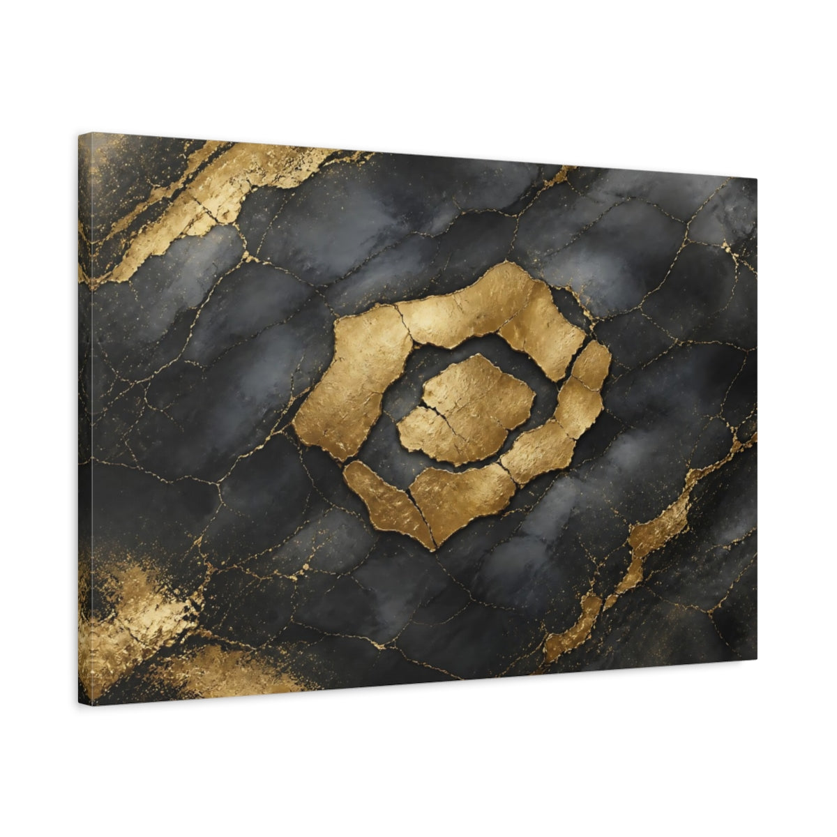Side Mockup 2. Abstract Kintsugi Pattern Black And Gold shown as stretched canvas wall art