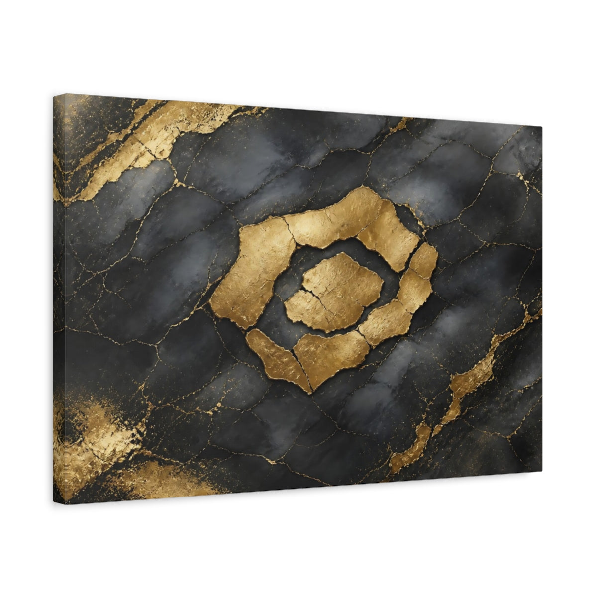 Side Mockup 3. Abstract Kintsugi Pattern Black And Gold shown as stretched canvas wall art
