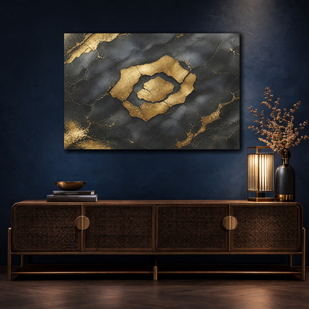 Mockup 4. Abstract Kintsugi Pattern Black And Gold shown as stretched canvas wall art
