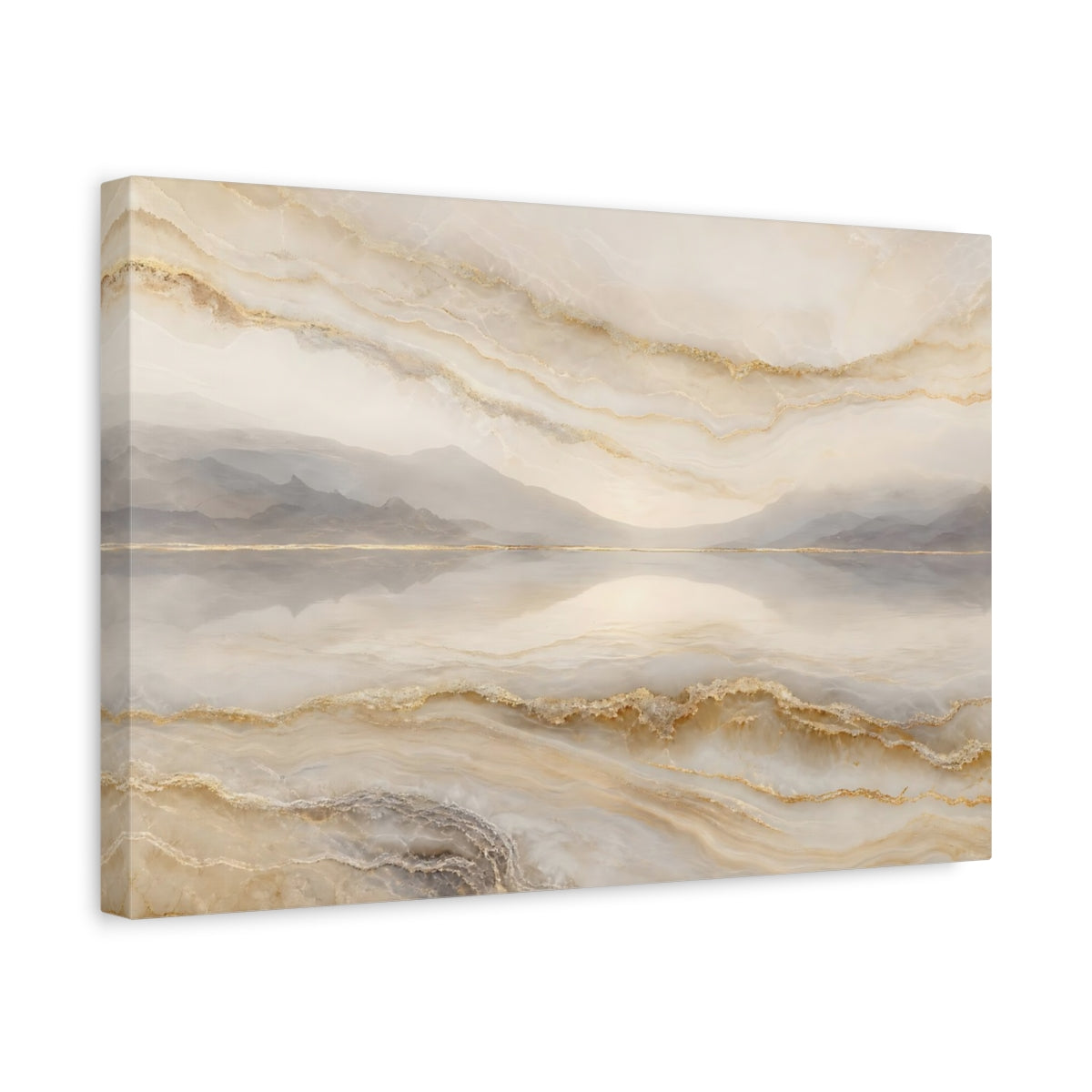 Side Mockup 4. Abstract Abstract Landscape Gold And Beige shown as stretched canvas wall art