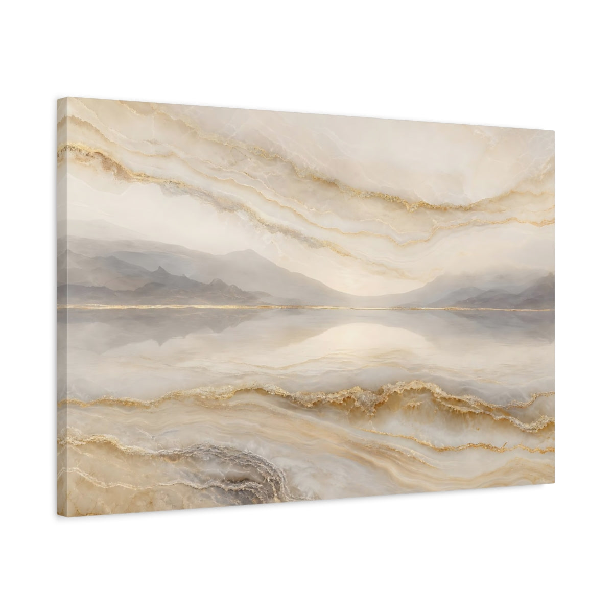 Side Mockup 2. Abstract Abstract Landscape Gold And Beige shown as stretched canvas wall art