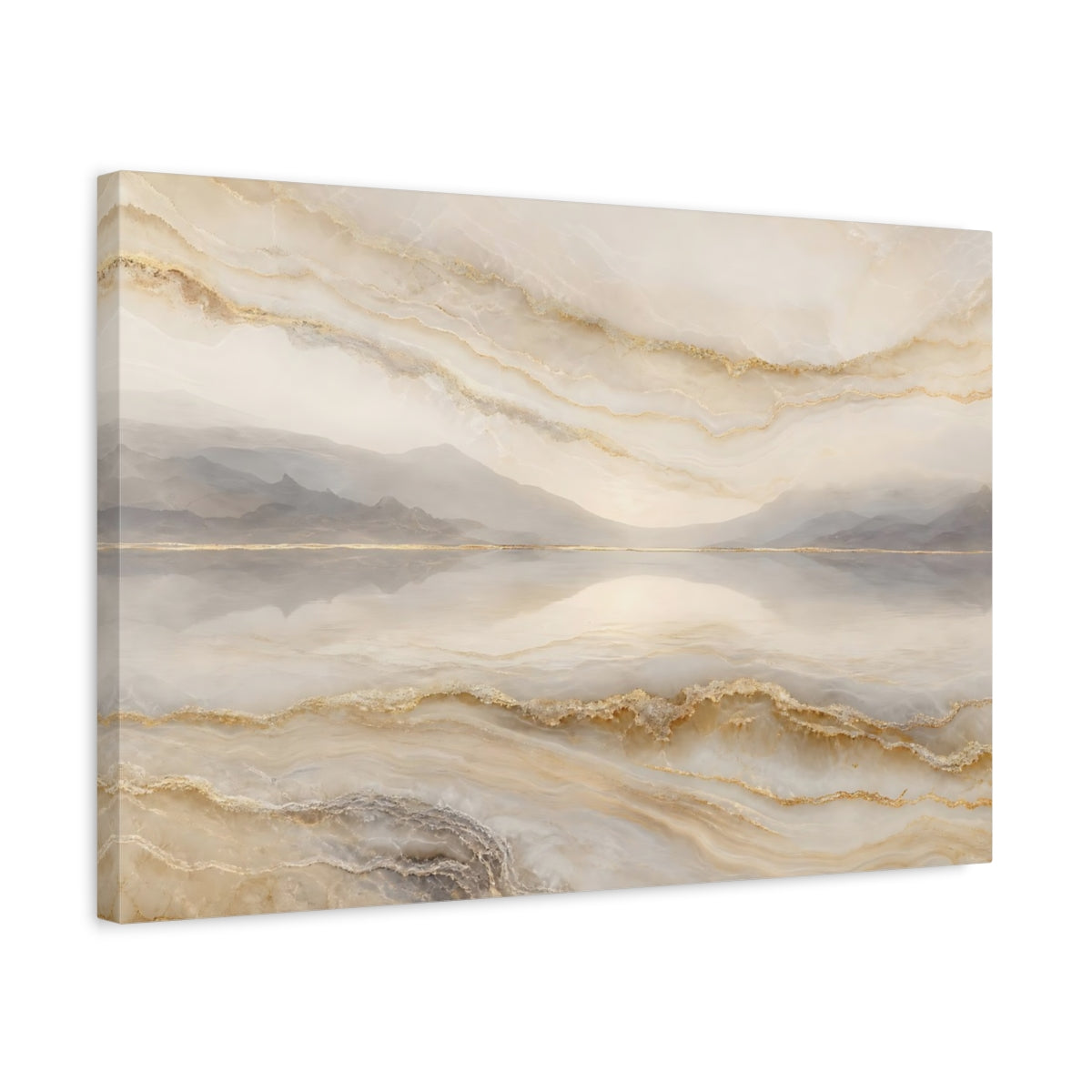 Side Mockup 3. Abstract Abstract Landscape Gold And Beige shown as stretched canvas wall art