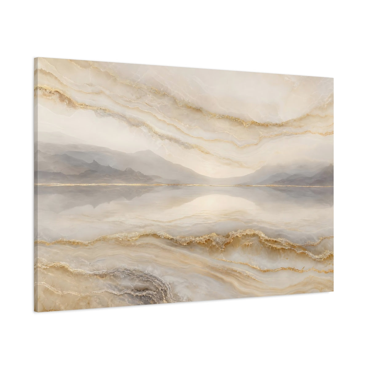 Side Mockup 1. Abstract Abstract Landscape Gold And Beige shown as stretched canvas wall art