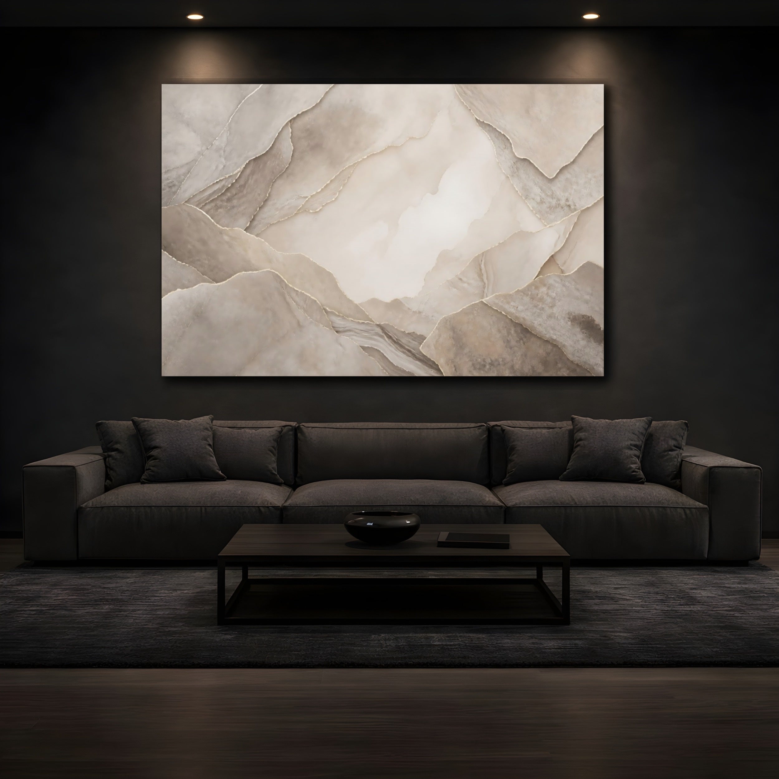 Mockup 3. Abstract Layered Abstract Brown And Gold shown as stretched canvas wall art