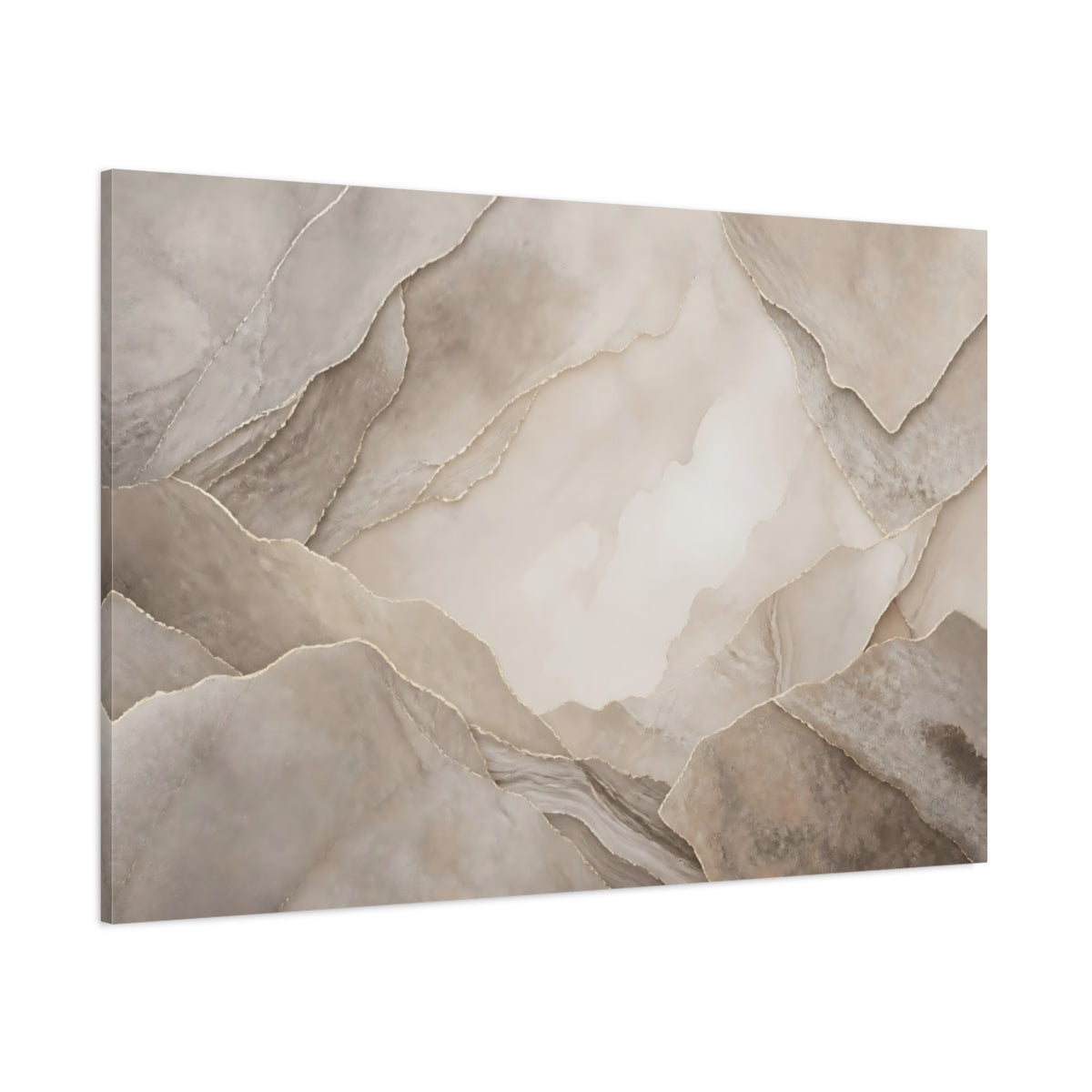 Side Mockup 1. Abstract Layered Abstract Brown And Gold shown as stretched canvas wall art