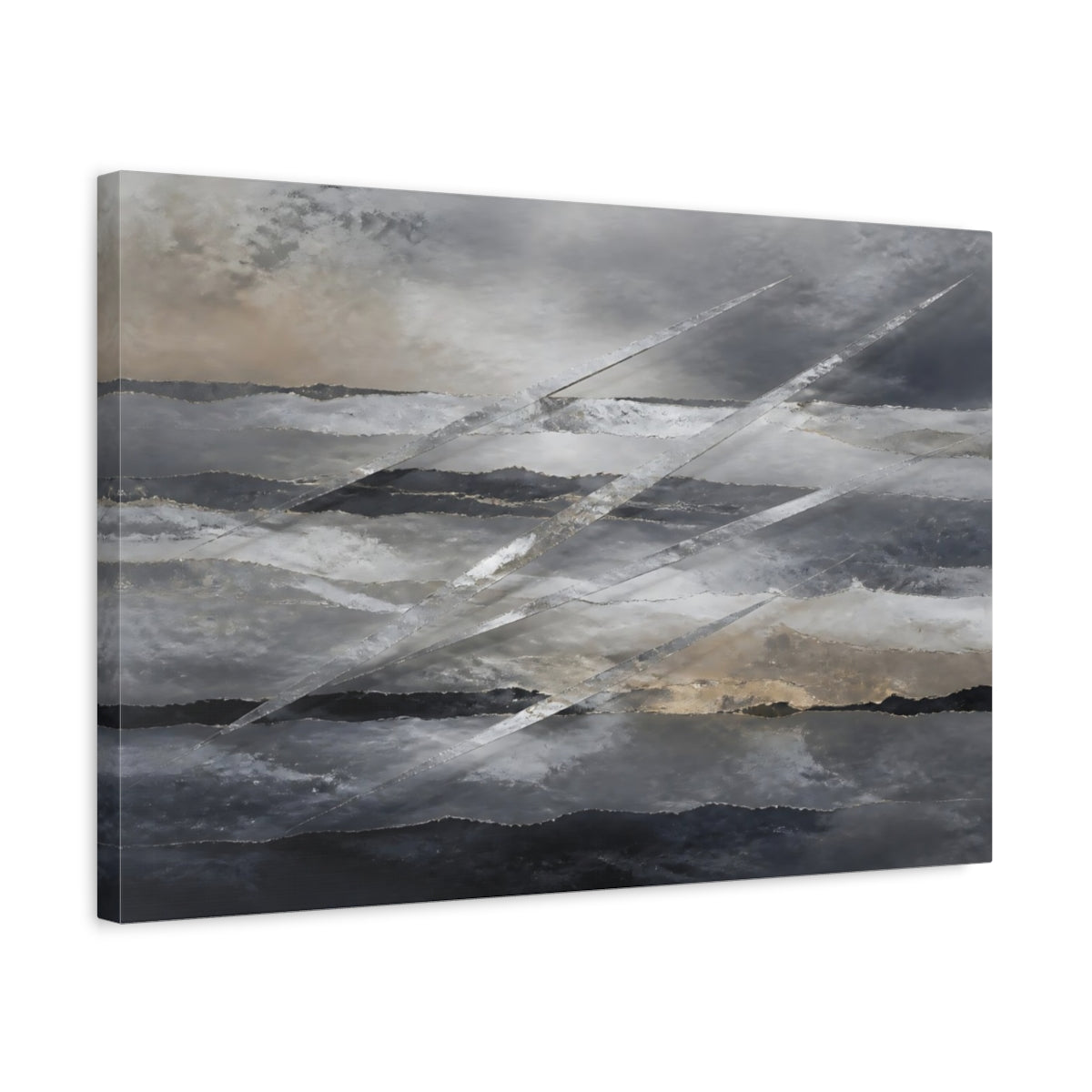 Side Mockup 3. Abstract Abstract Layers Gray Silver Gold shown as stretched canvas wall art