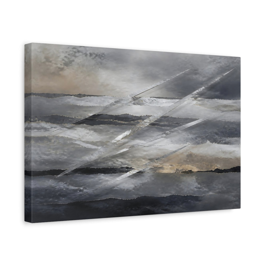 Side Mockup 4. Abstract Abstract Layers Gray Silver Gold shown as stretched canvas wall art