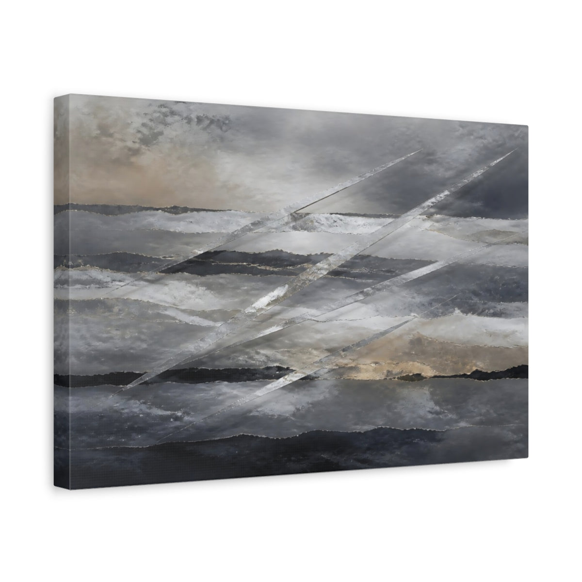 Side Mockup 4. Abstract Abstract Layers Gray Silver Gold shown as stretched canvas wall art