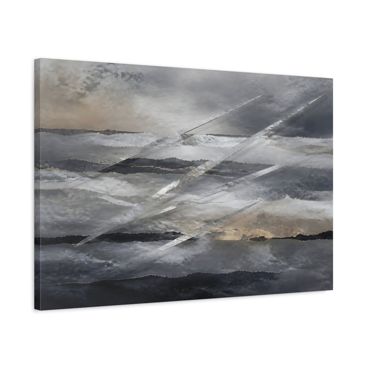 Side Mockup 2. Abstract Abstract Layers Gray Silver Gold shown as stretched canvas wall art