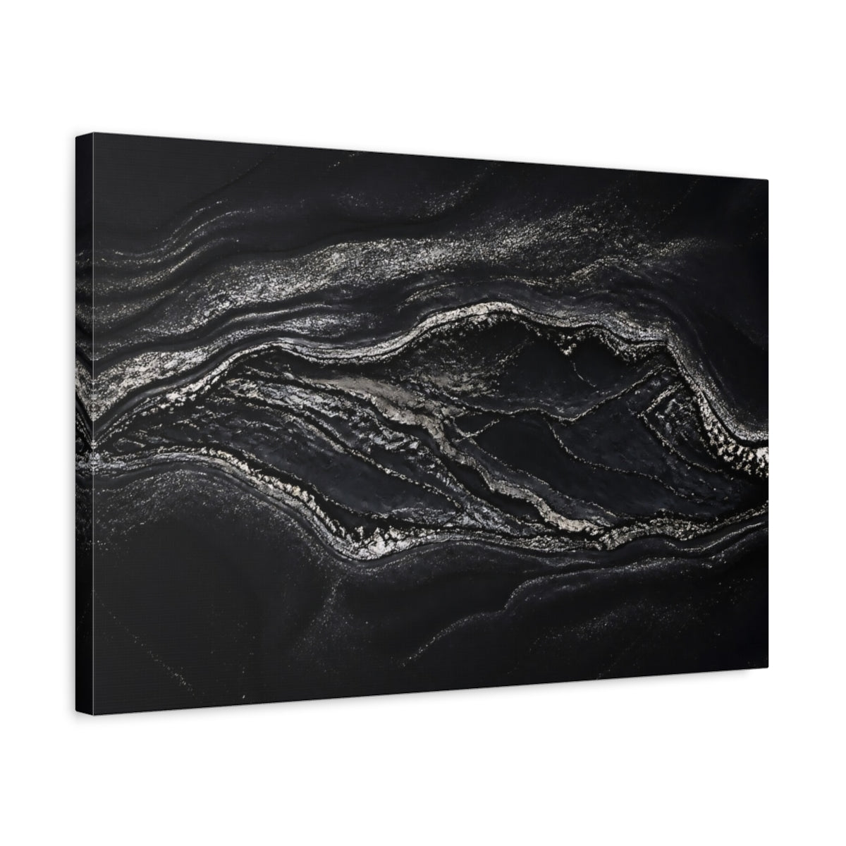 Side Mockup 3. Abstract Marble Texture Black And Silver shown as stretched canvas wall art