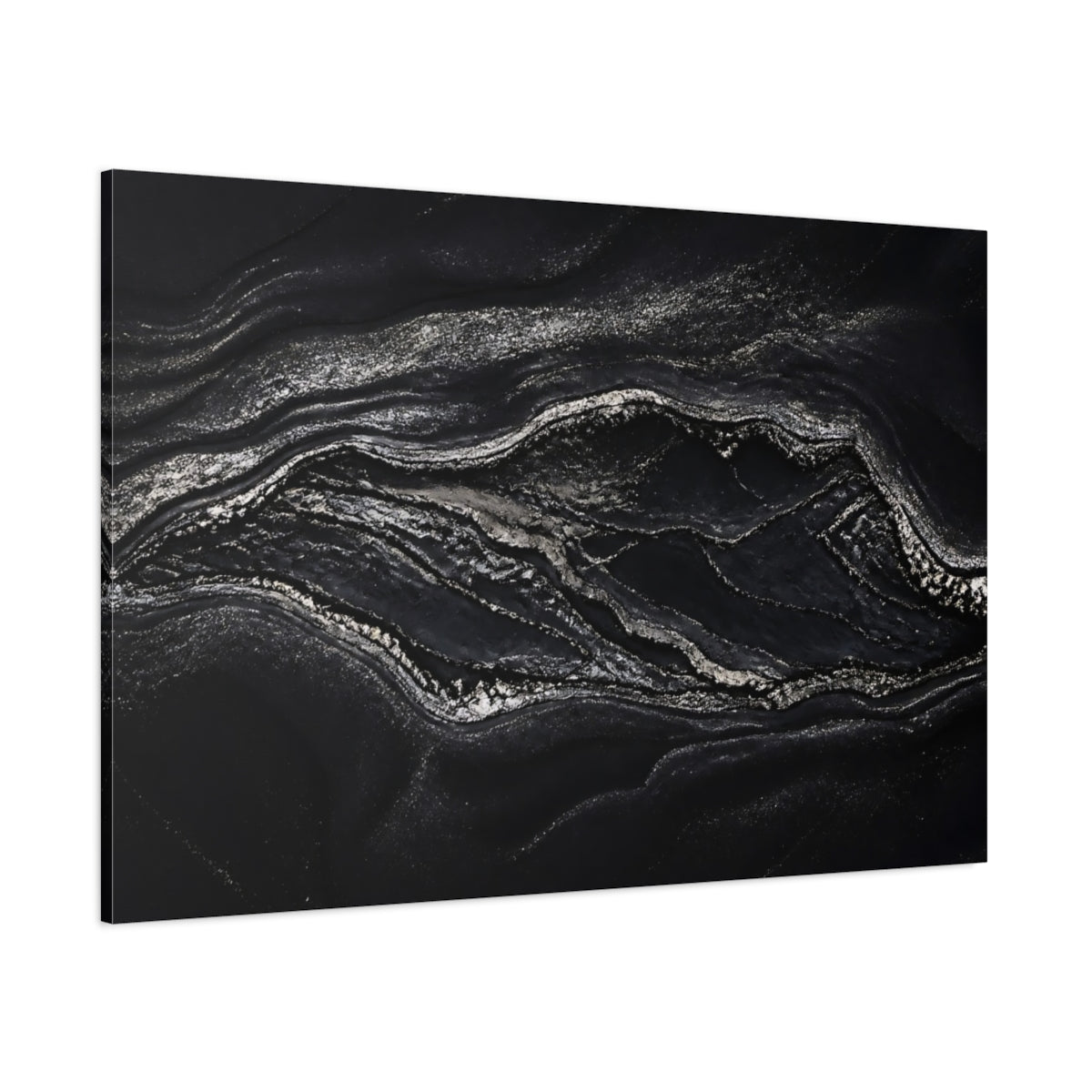 Side Mockup 1. Abstract Marble Texture Black And Silver shown as stretched canvas wall art