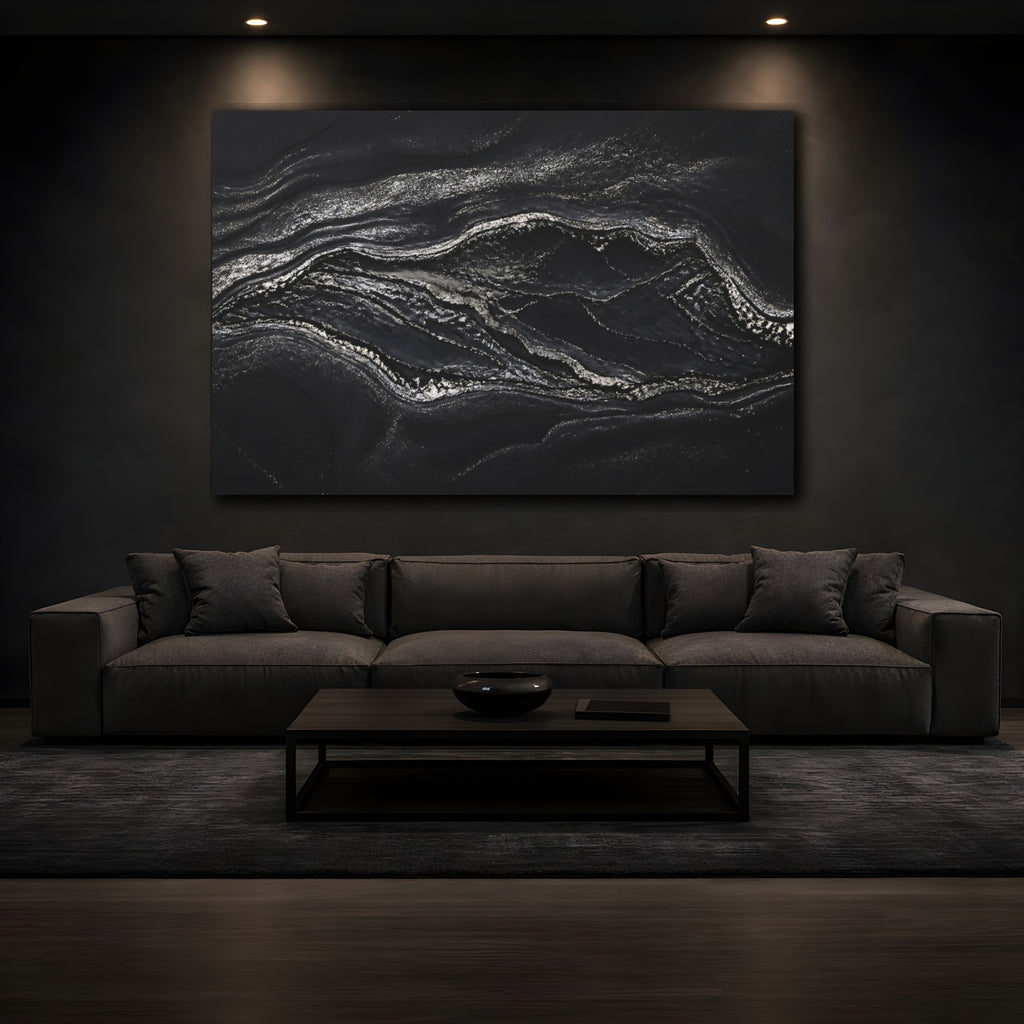 Mockup 3. Abstract Marble Texture Black And Silver shown as stretched canvas wall art