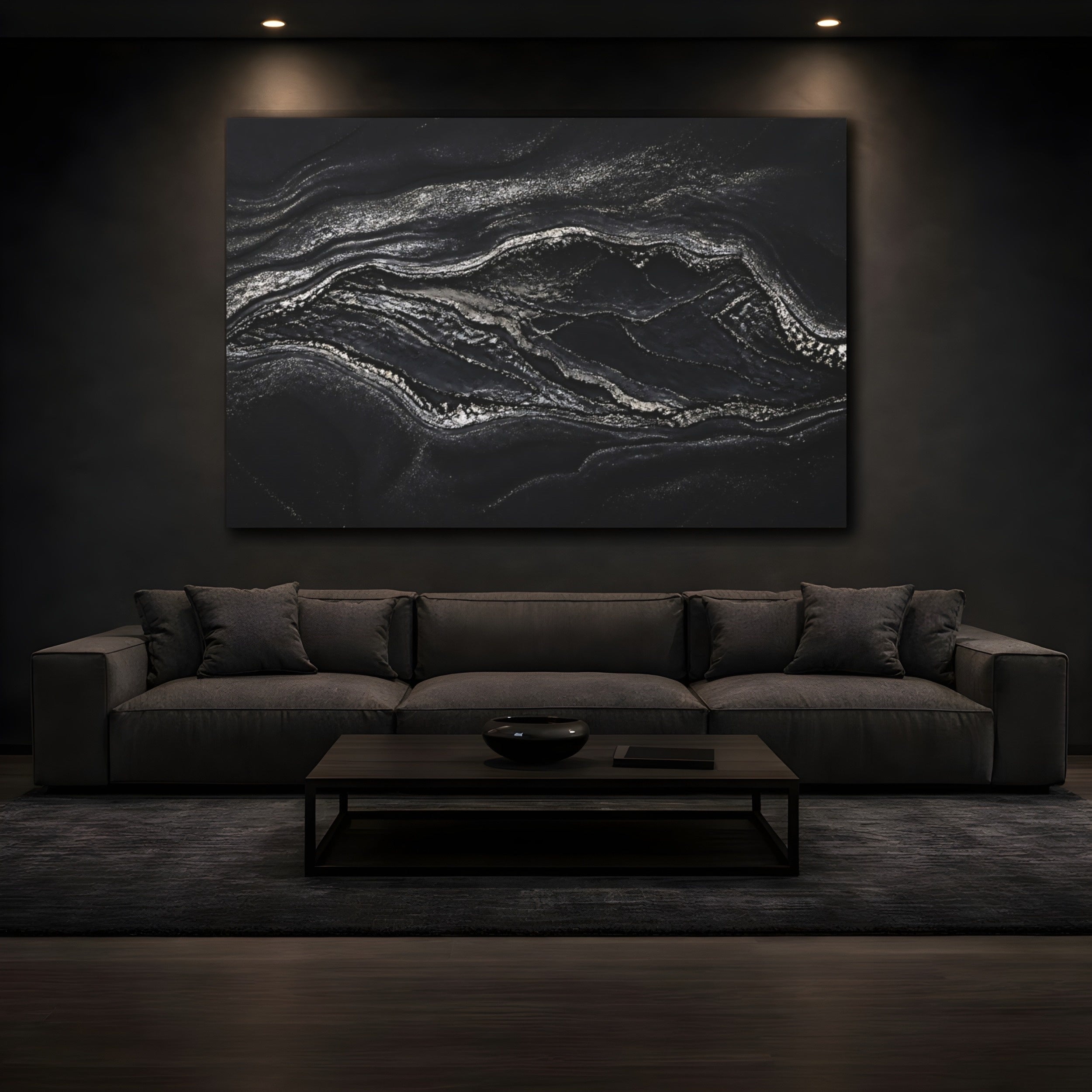 Mockup 3. Abstract Marble Texture Black And Silver shown as stretched canvas wall art