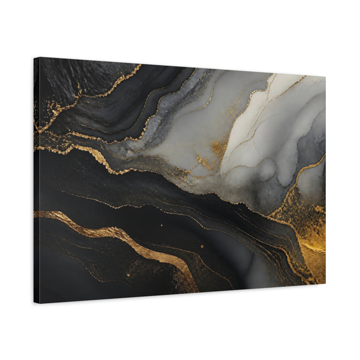 Side Mockup 2. Abstract Marble Texture Black Gold Marble shown as stretched canvas wall art