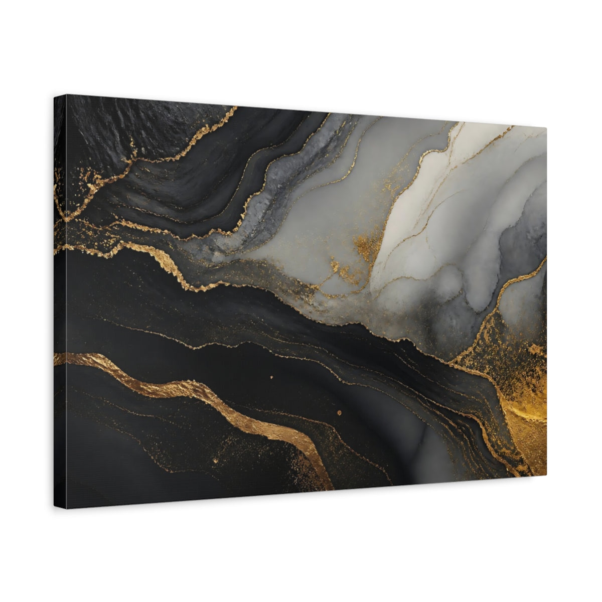 Side Mockup 3. Abstract Marble Texture Black Gold Marble shown as stretched canvas wall art