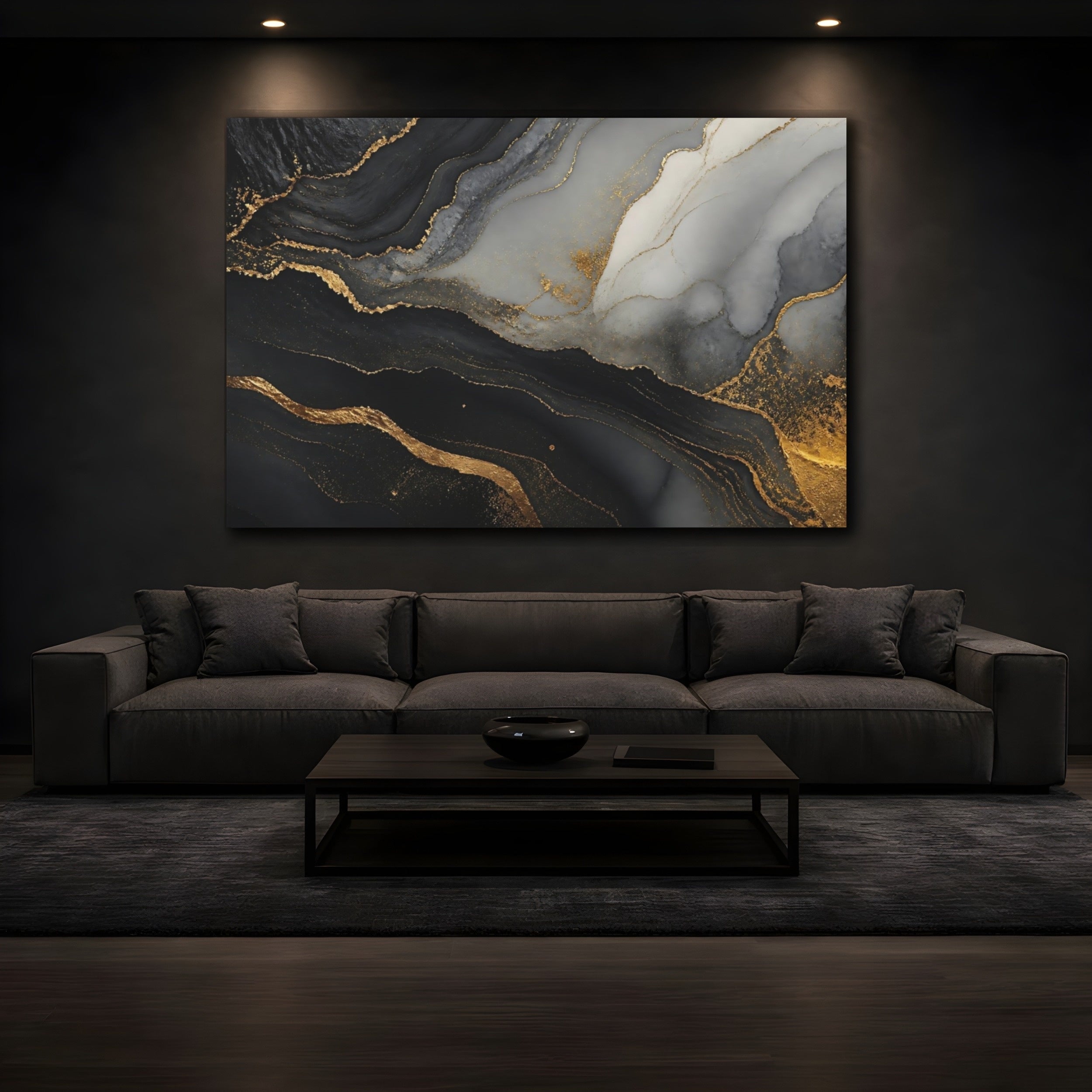Mockup 3. Abstract Marble Texture Black Gold Marble shown as stretched canvas wall art