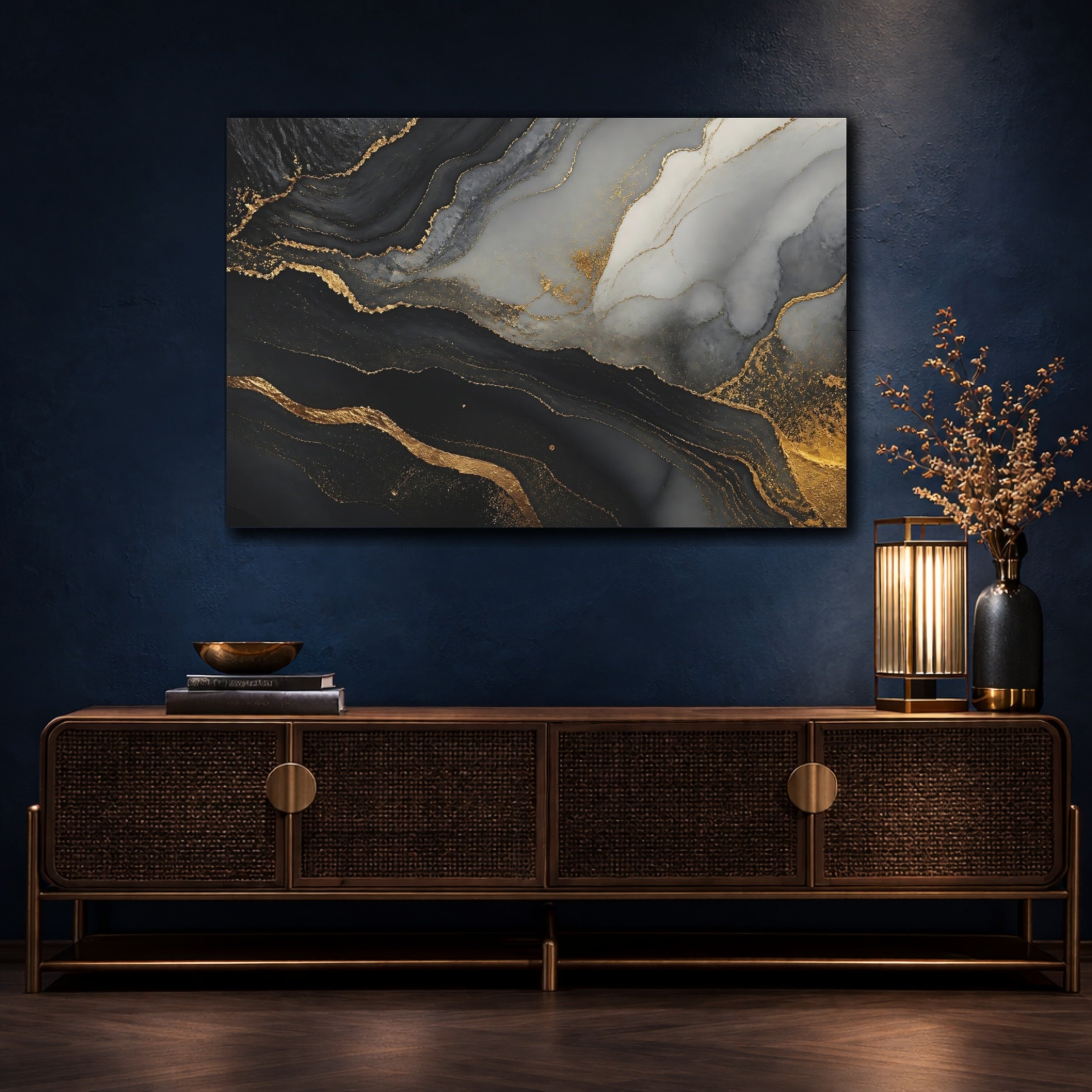 Mockup 4. Abstract Marble Texture Black Gold Marble shown as stretched canvas wall art