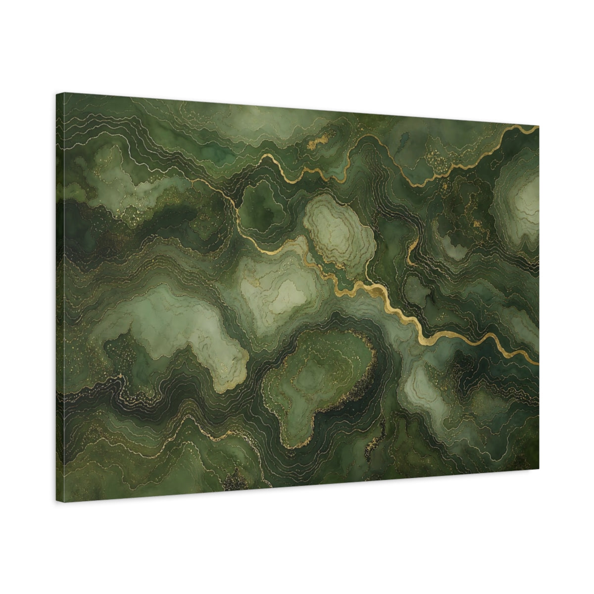 Main Mockup. Abstract Marble Texture Green And Gold shown as stretched canvas wall art