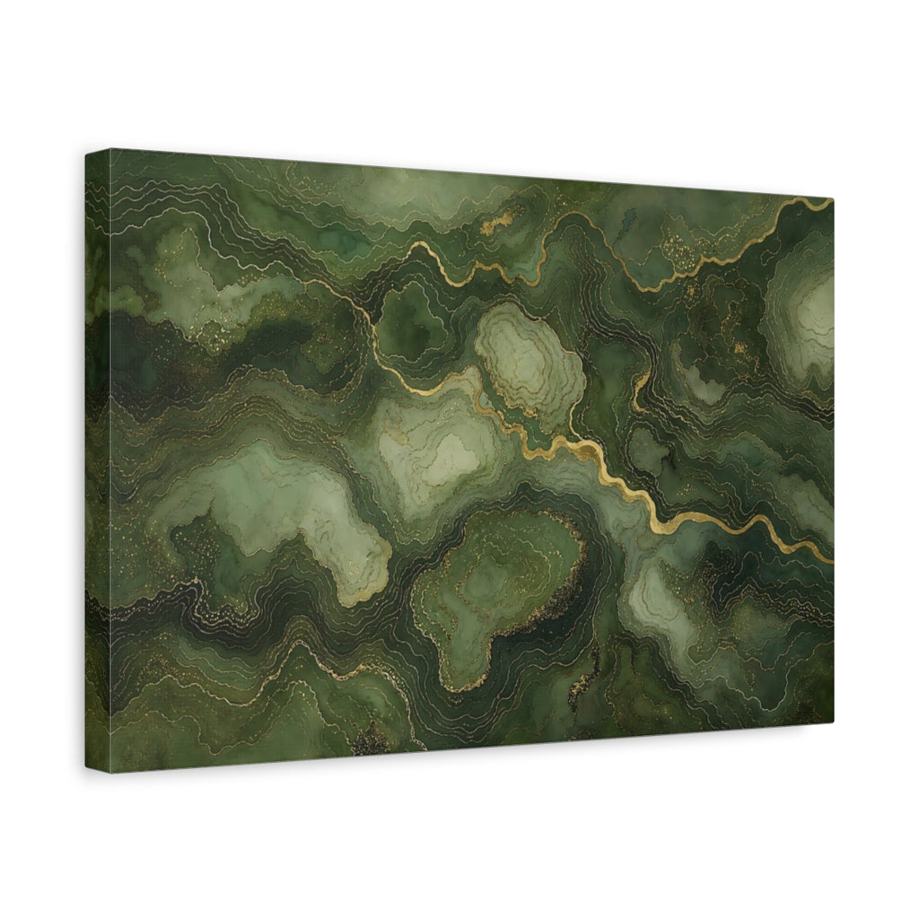 Side Mockup 4. Abstract Marble Texture Green And Gold shown as stretched canvas wall art