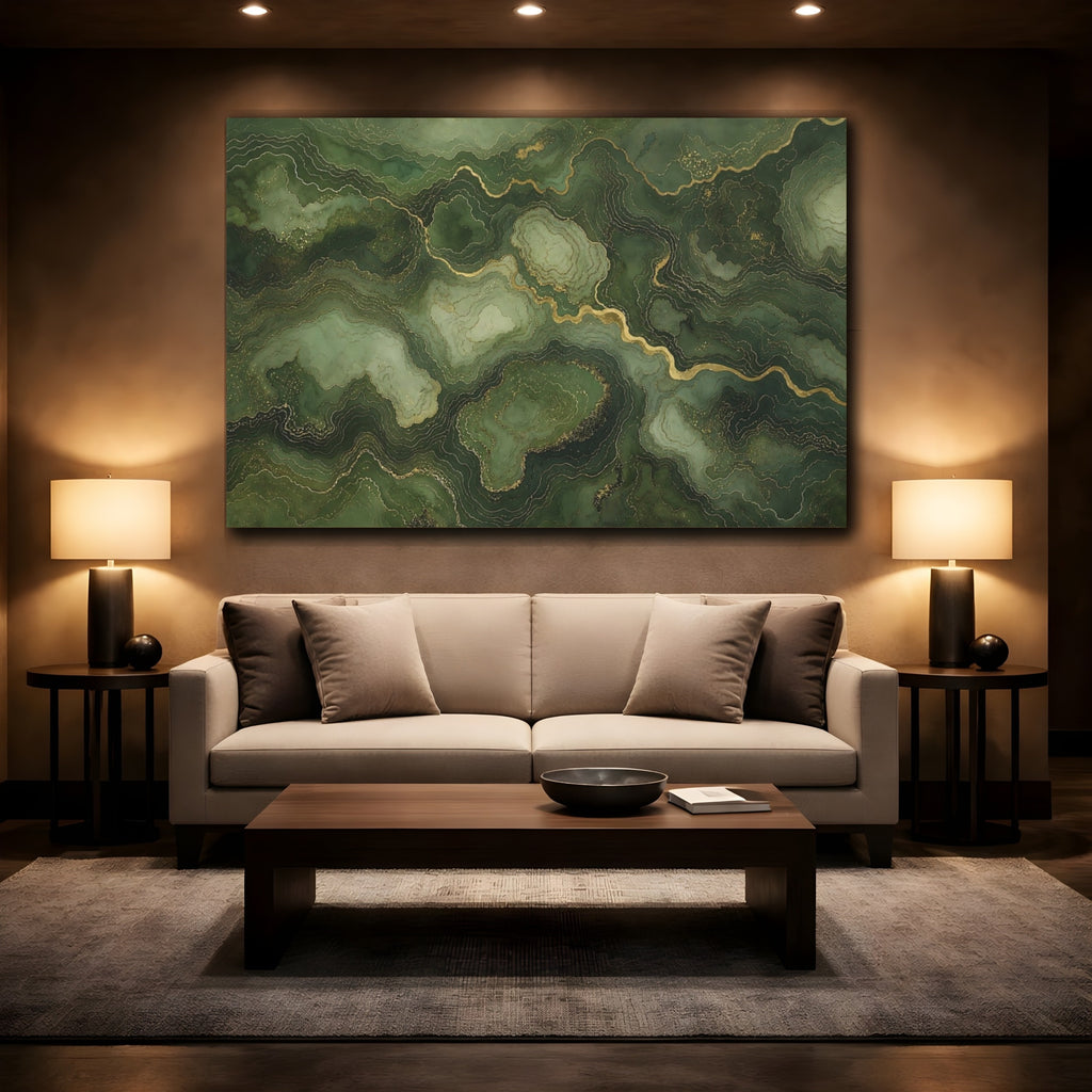 Mockup 2. Abstract Marble Texture Green And Gold shown as stretched canvas wall art