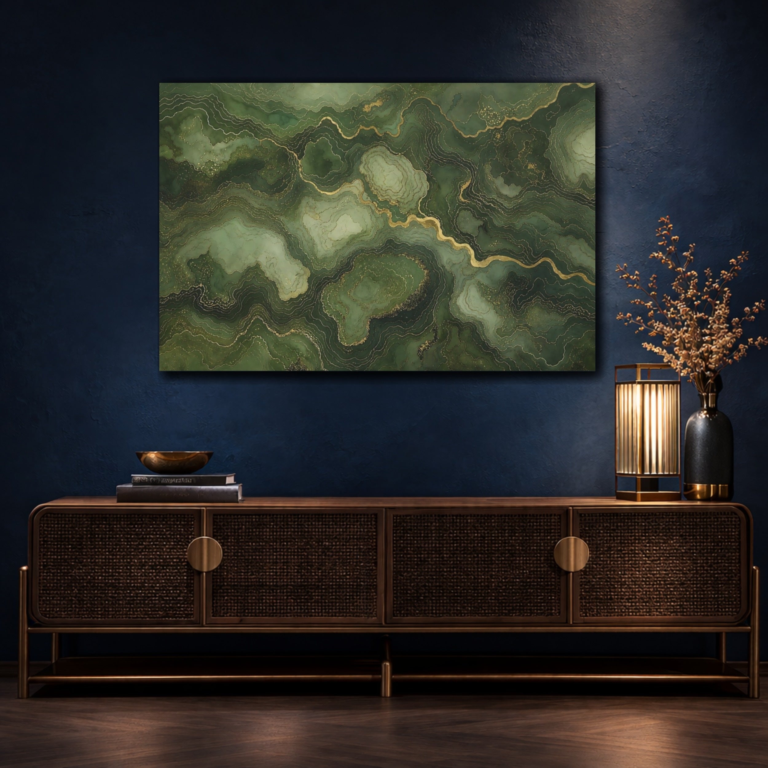 Mockup 4. Abstract Marble Texture Green And Gold shown as stretched canvas wall art