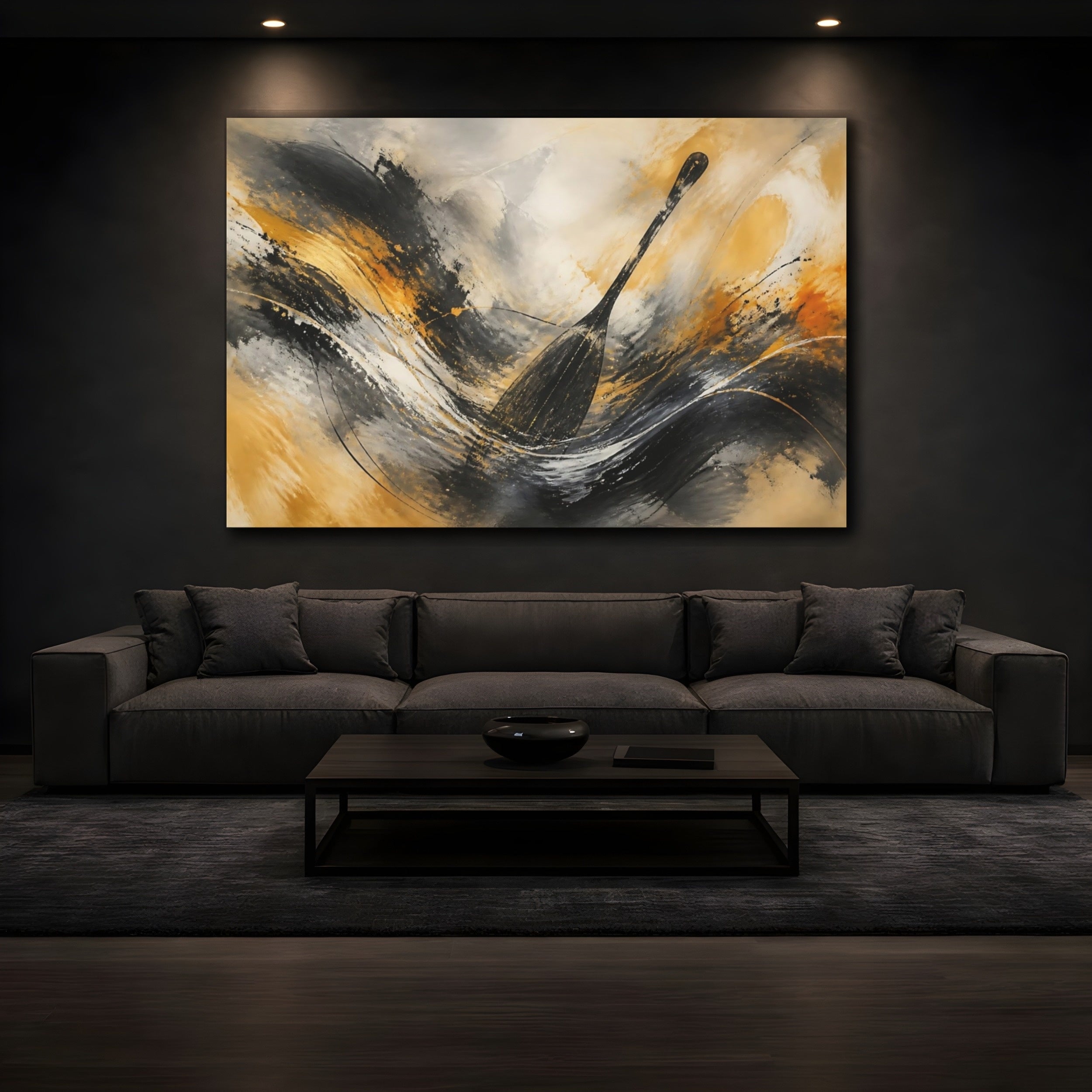 Mockup 3. Abstract Oar Black Gold Abstract shown as stretched canvas wall art