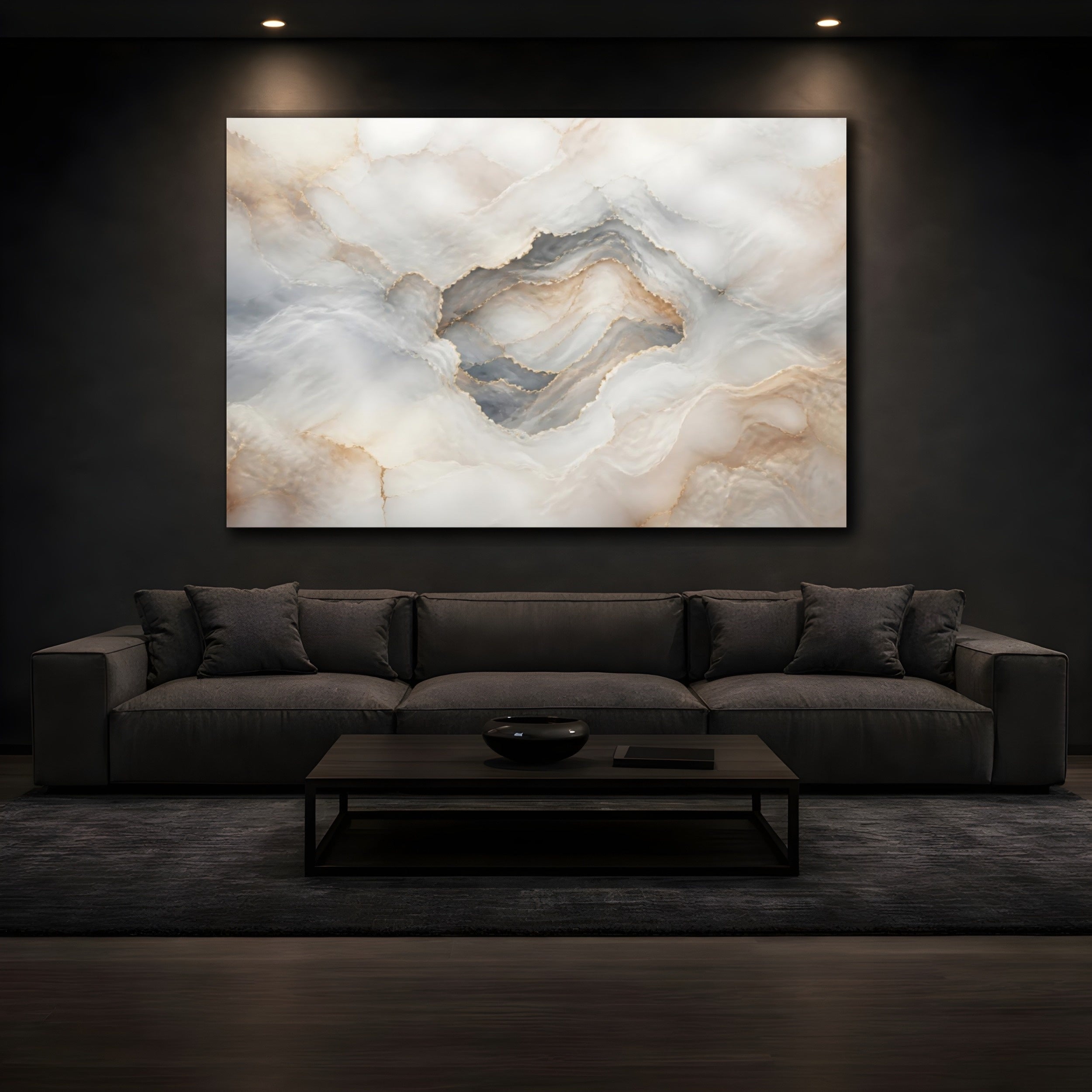 Mockup 3. Abstract Onyx Texture White Gold Abstract shown as stretched canvas wall art