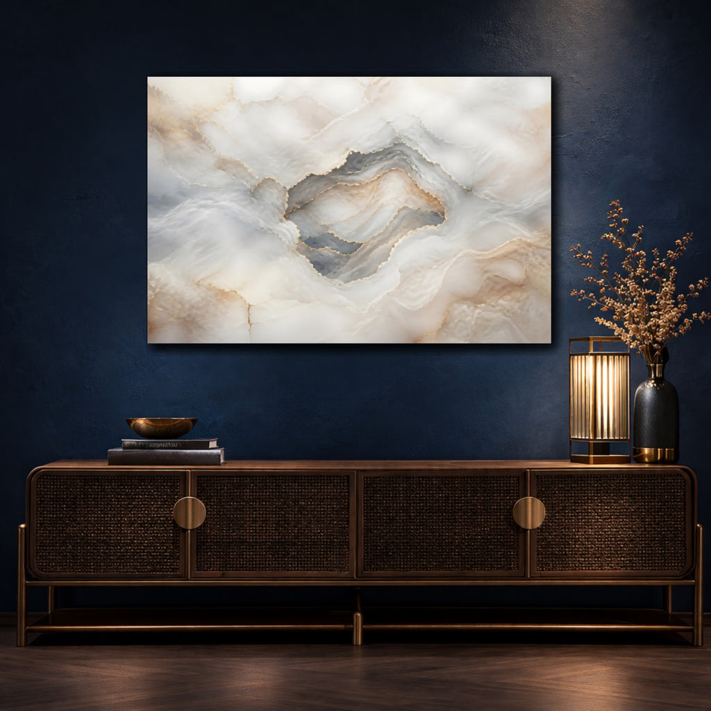 Mockup 4. Abstract Onyx Texture White Gold Abstract shown as stretched canvas wall art