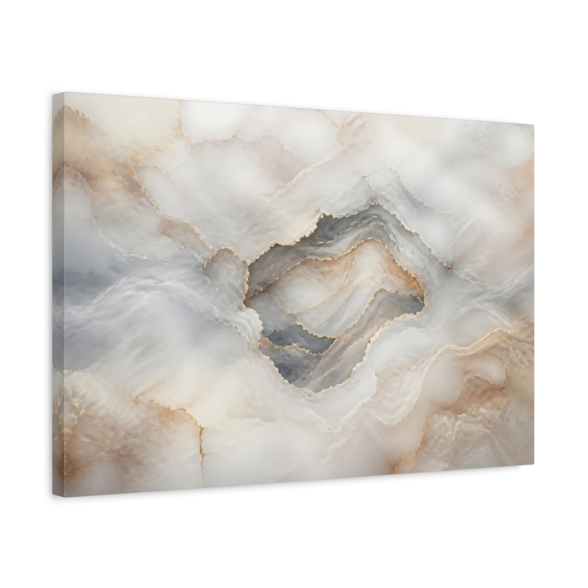 Side Mockup 3. Abstract Onyx Texture White Gold Abstract shown as stretched canvas wall art