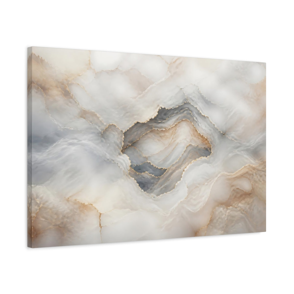 Side Mockup 2. Abstract Onyx Texture White Gold Abstract shown as stretched canvas wall art