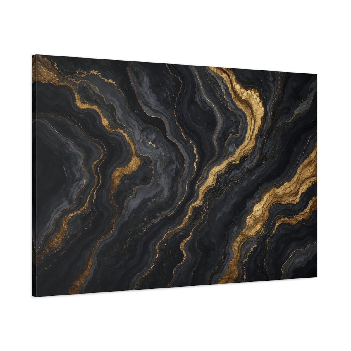 Side Mockup 1. Abstract Abstract Pattern Black Gold Abstract shown as stretched canvas wall art
