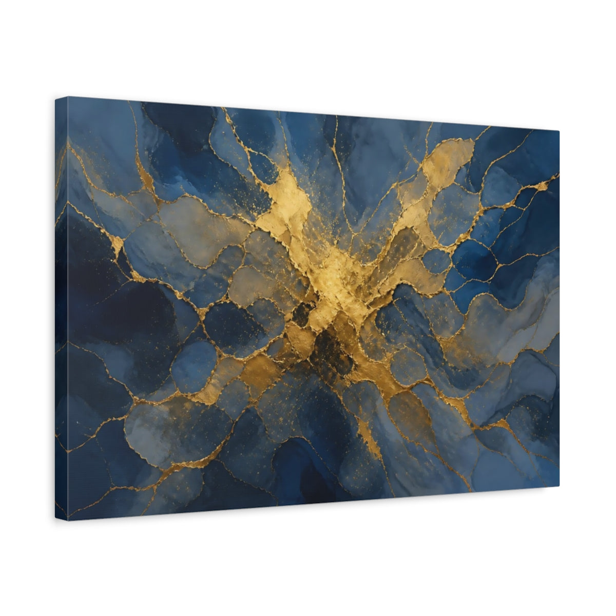 Side Mockup 3. Abstract Abstract Pattern Blue And Gold shown as stretched canvas wall art