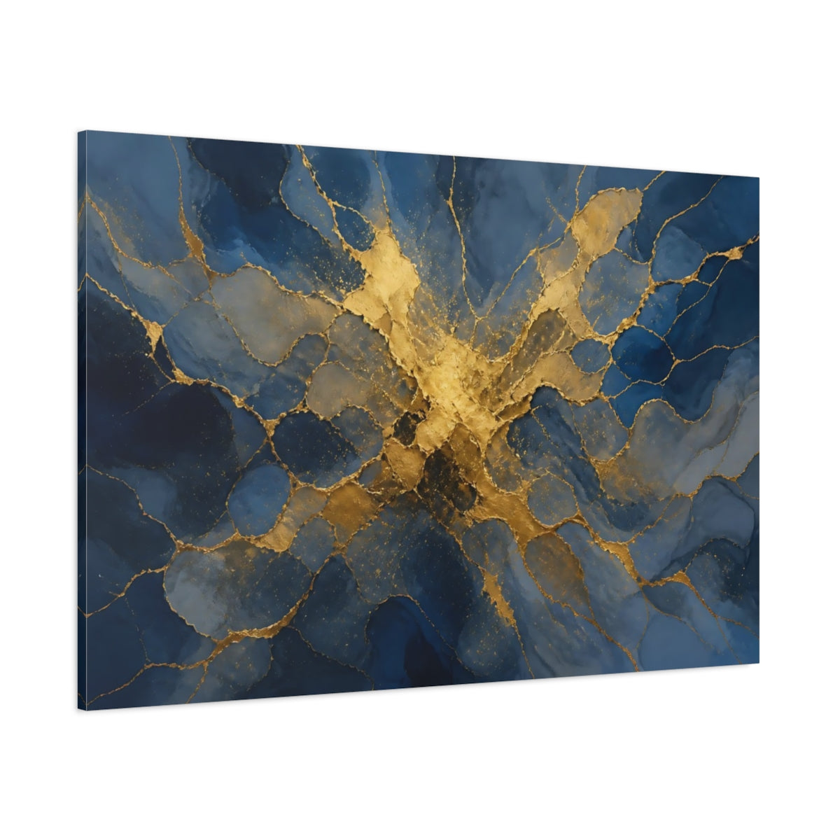 Side Mockup 1. Abstract Abstract Pattern Blue And Gold shown as stretched canvas wall art