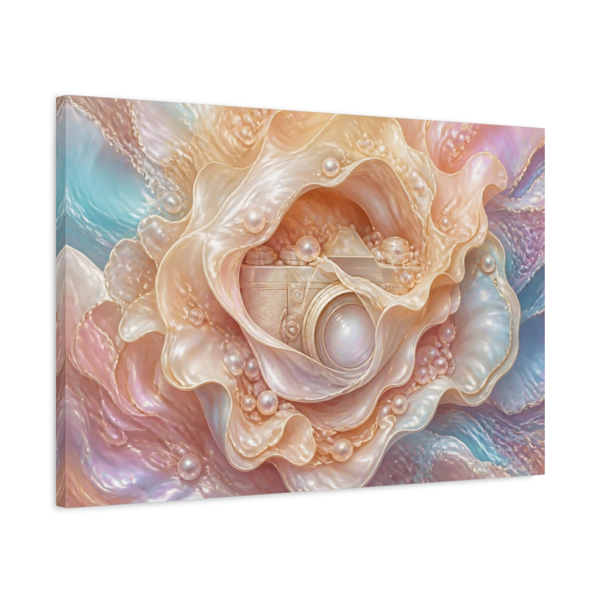 Side Mockup 2. Abstract Pearl Camera Opalescent Pastels shown as stretched canvas wall art