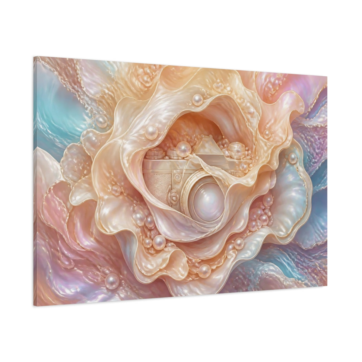 Side Mockup 1. Abstract Pearl Camera Opalescent Pastels shown as stretched canvas wall art