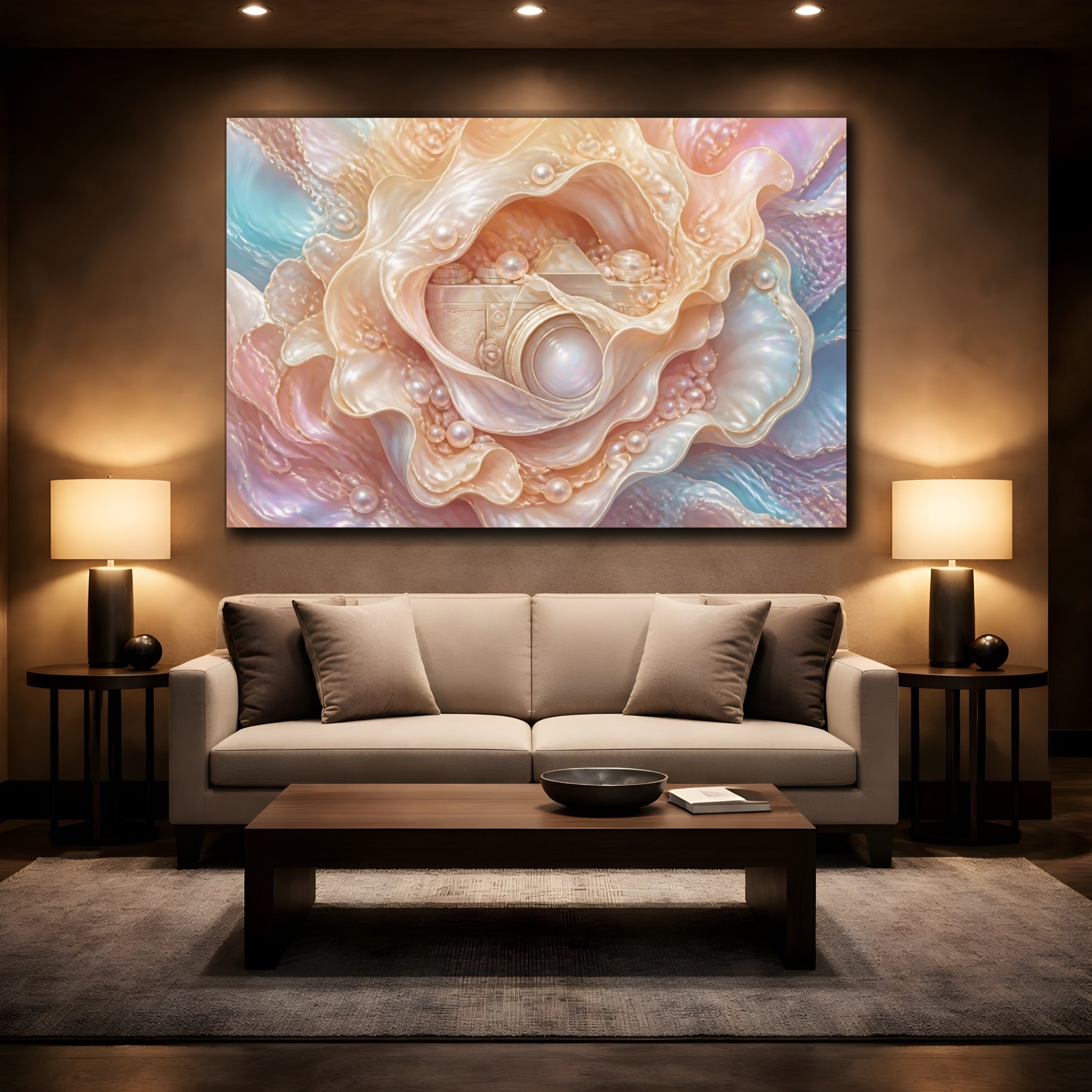 Mockup 2. Abstract Pearl Camera Opalescent Pastels shown as stretched canvas wall art