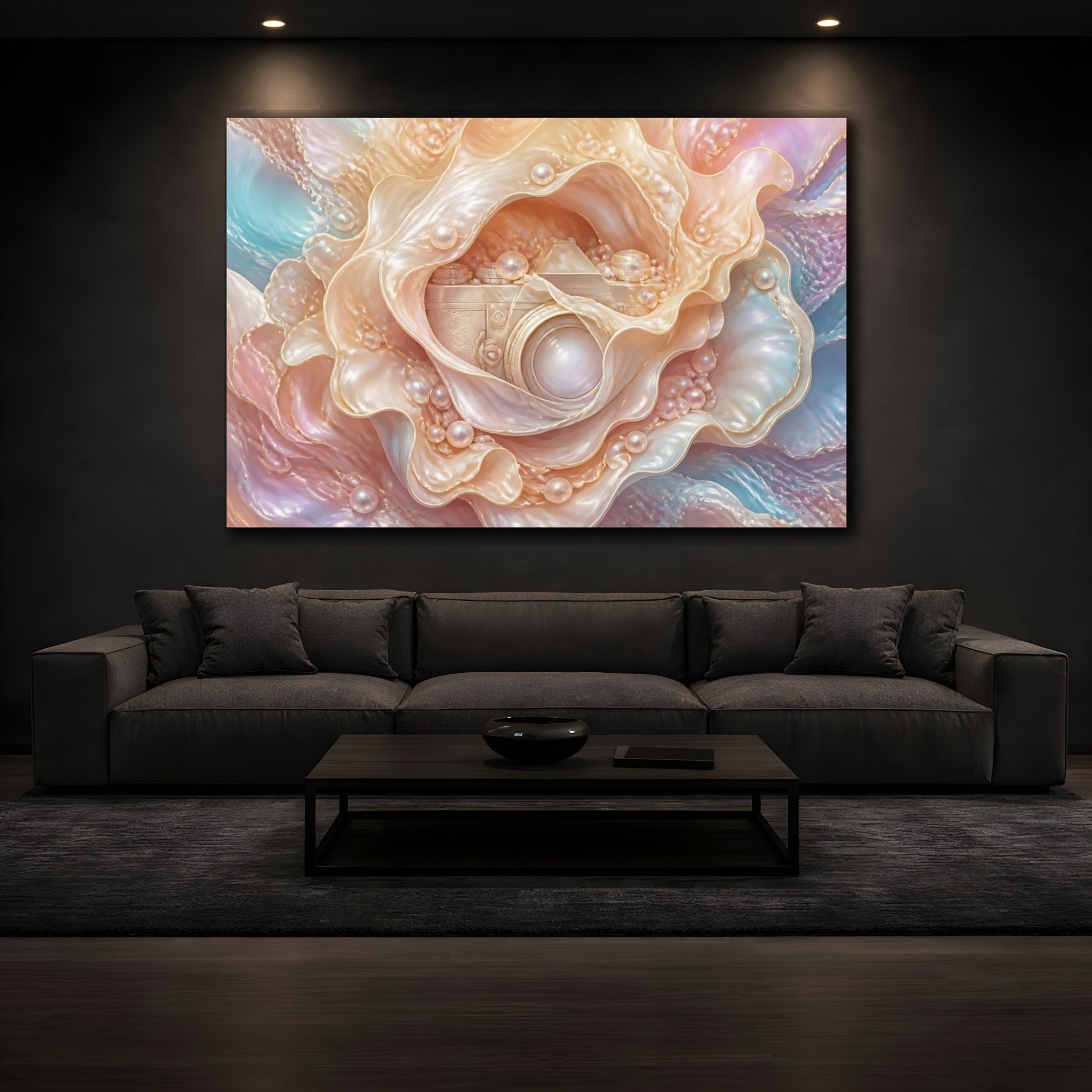 Mockup 3. Abstract Pearl Camera Opalescent Pastels shown as stretched canvas wall art