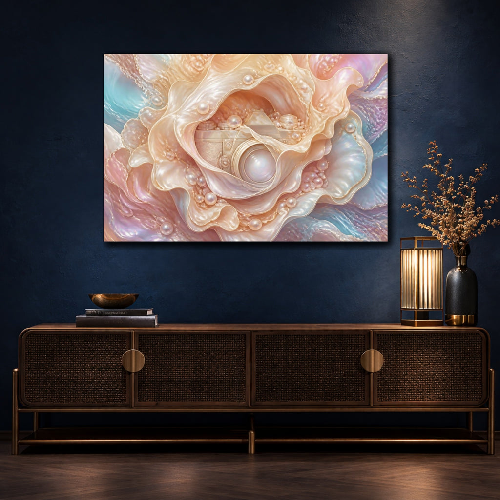Mockup 4. Abstract Pearl Camera Opalescent Pastels shown as stretched canvas wall art