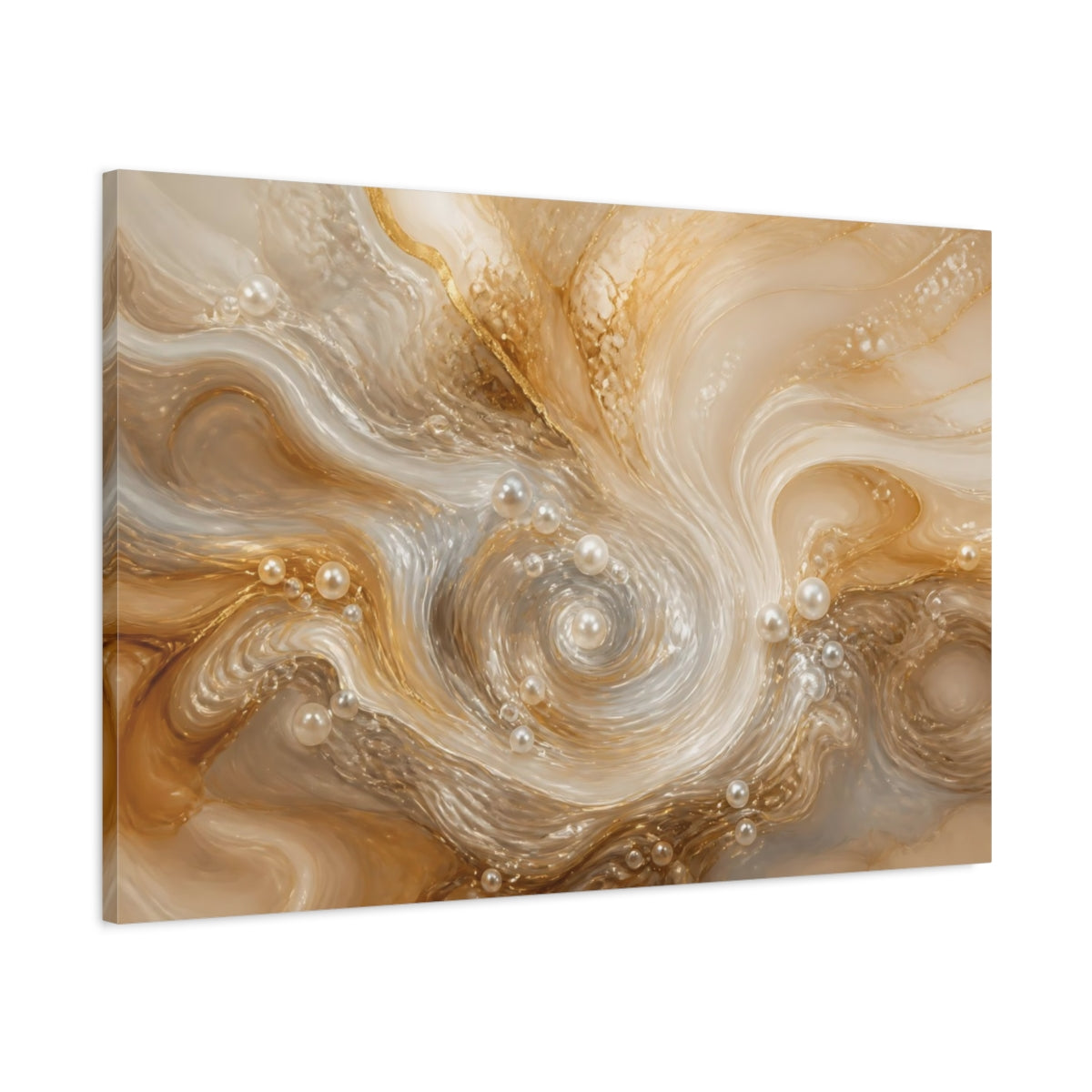 Main Mockup. Abstract Pearl Swirls Gold White Abstract shown as stretched canvas wall art