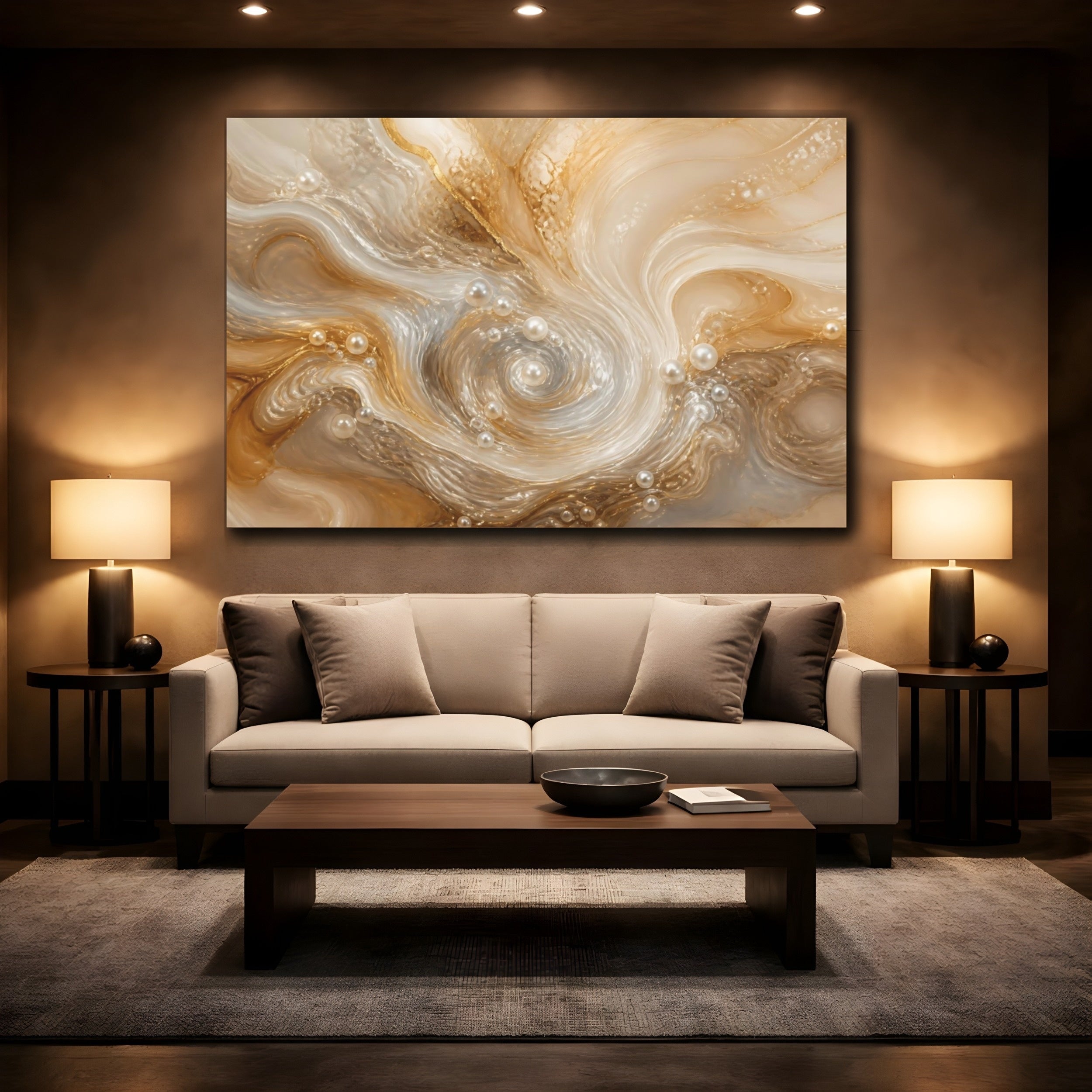 Mockup 2. Abstract Pearl Swirls Gold White Abstract shown as stretched canvas wall art