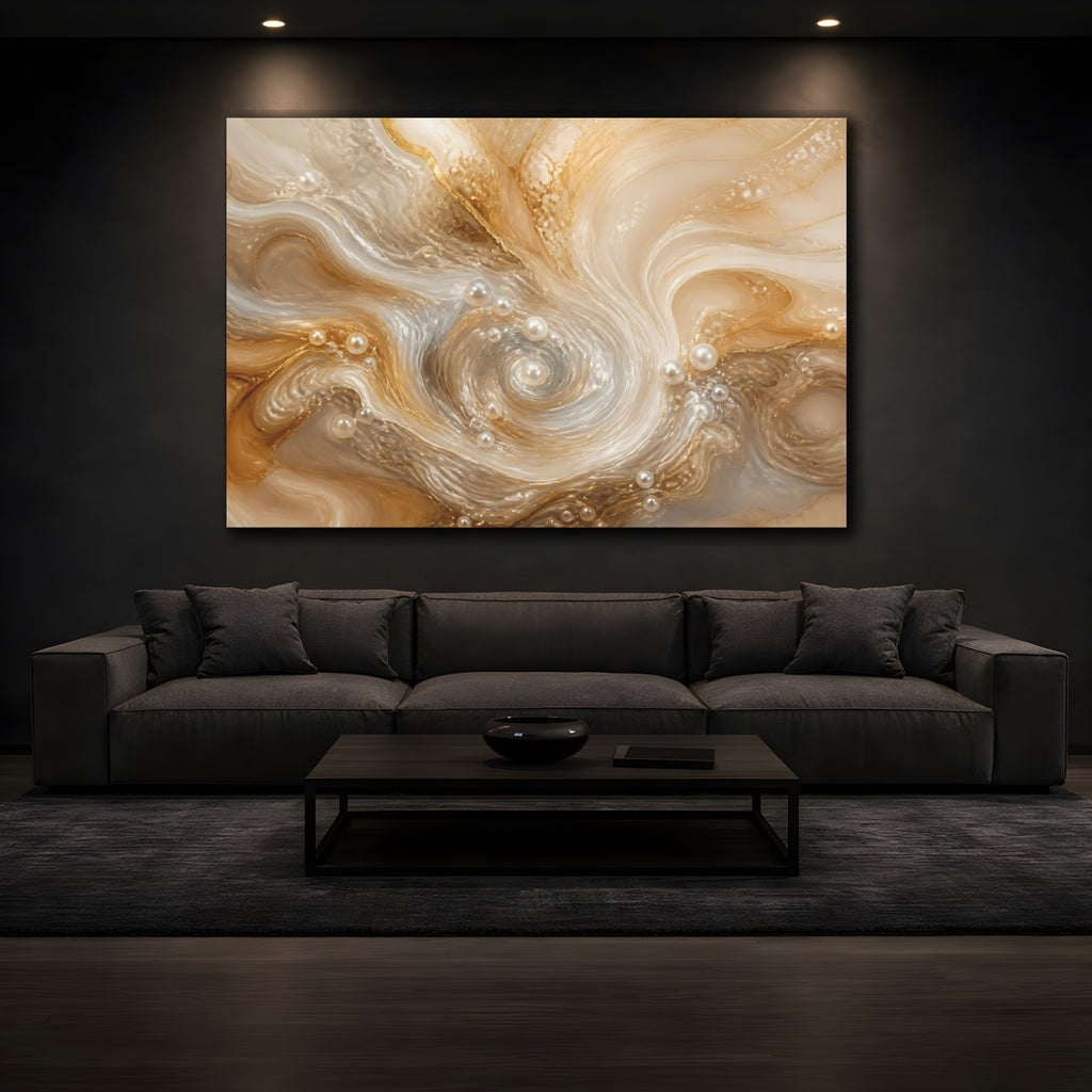 Mockup 3. Abstract Pearl Swirls Gold White Abstract shown as stretched canvas wall art