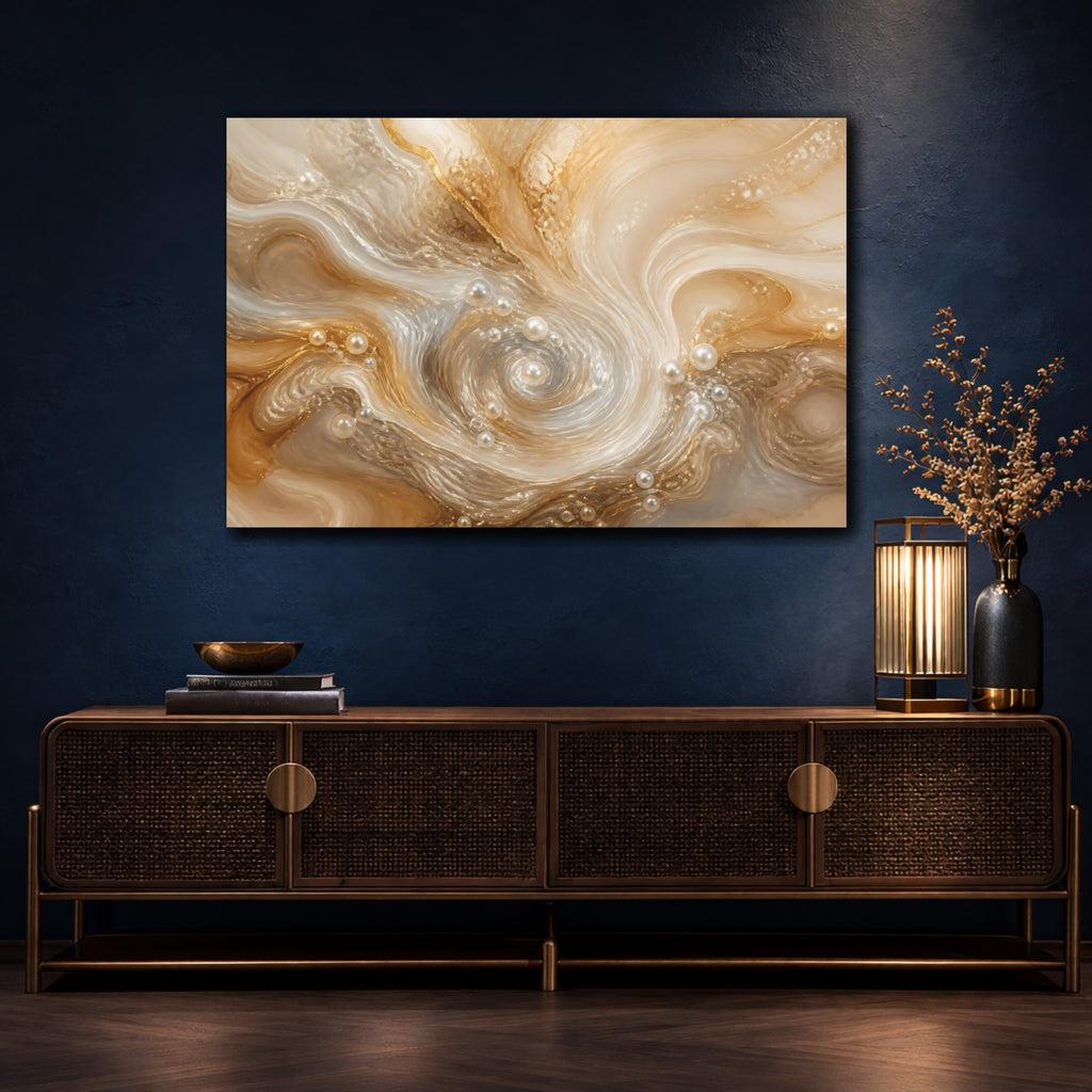 Mockup 4. Abstract Pearl Swirls Gold White Abstract shown as stretched canvas wall art