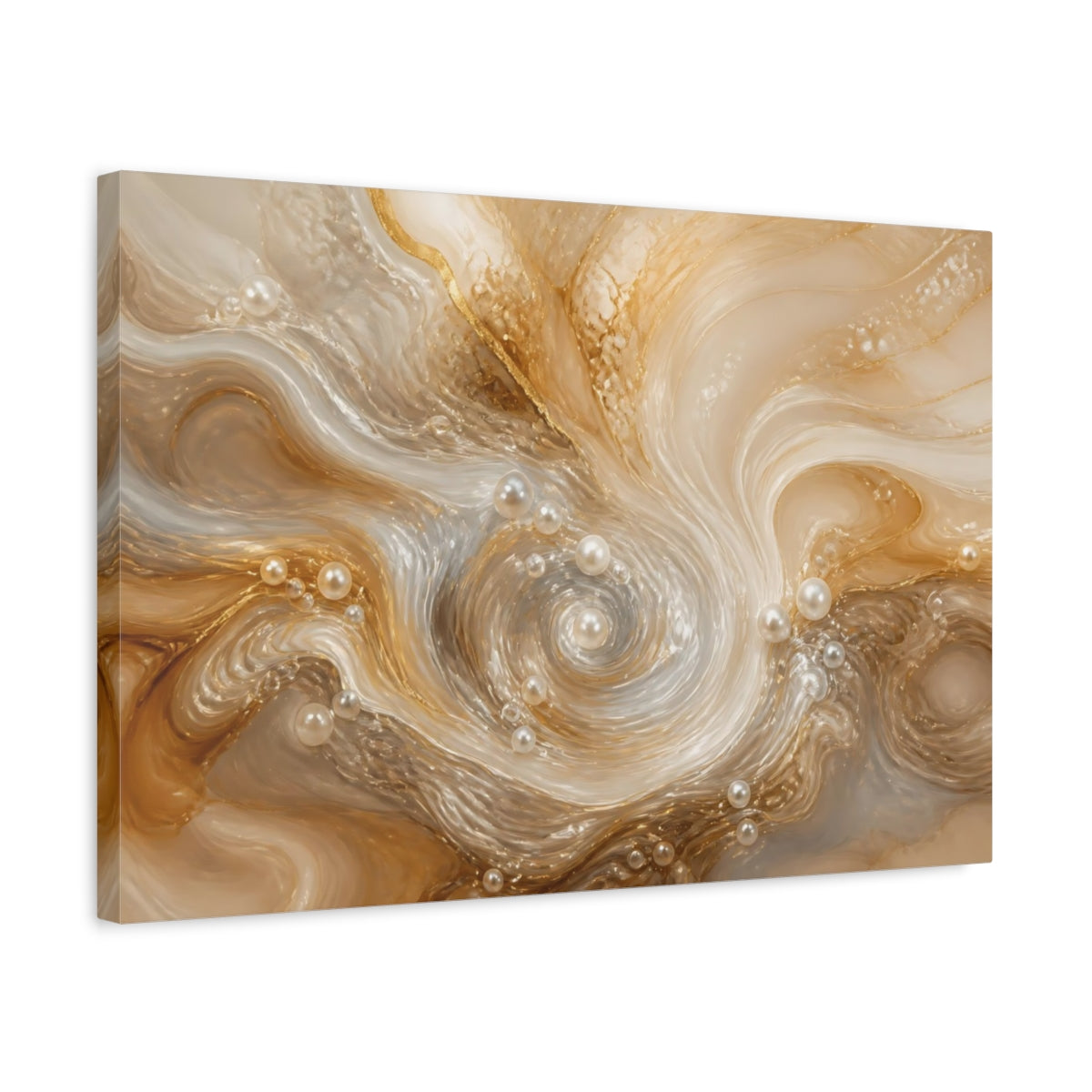 Side Mockup 3. Abstract Pearl Swirls Gold White Abstract shown as stretched canvas wall art