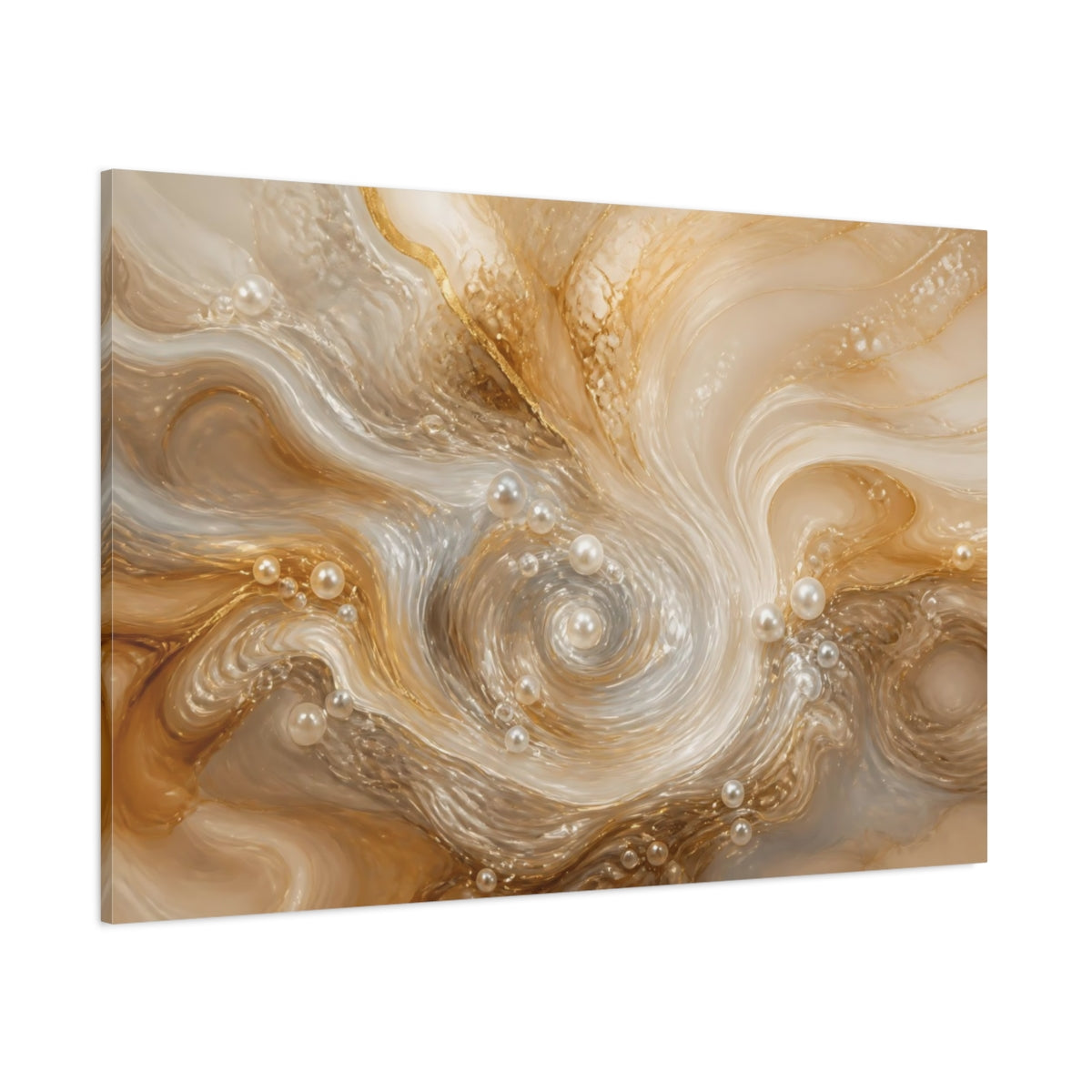 Side Mockup 1. Abstract Pearl Swirls Gold White Abstract shown as stretched canvas wall art