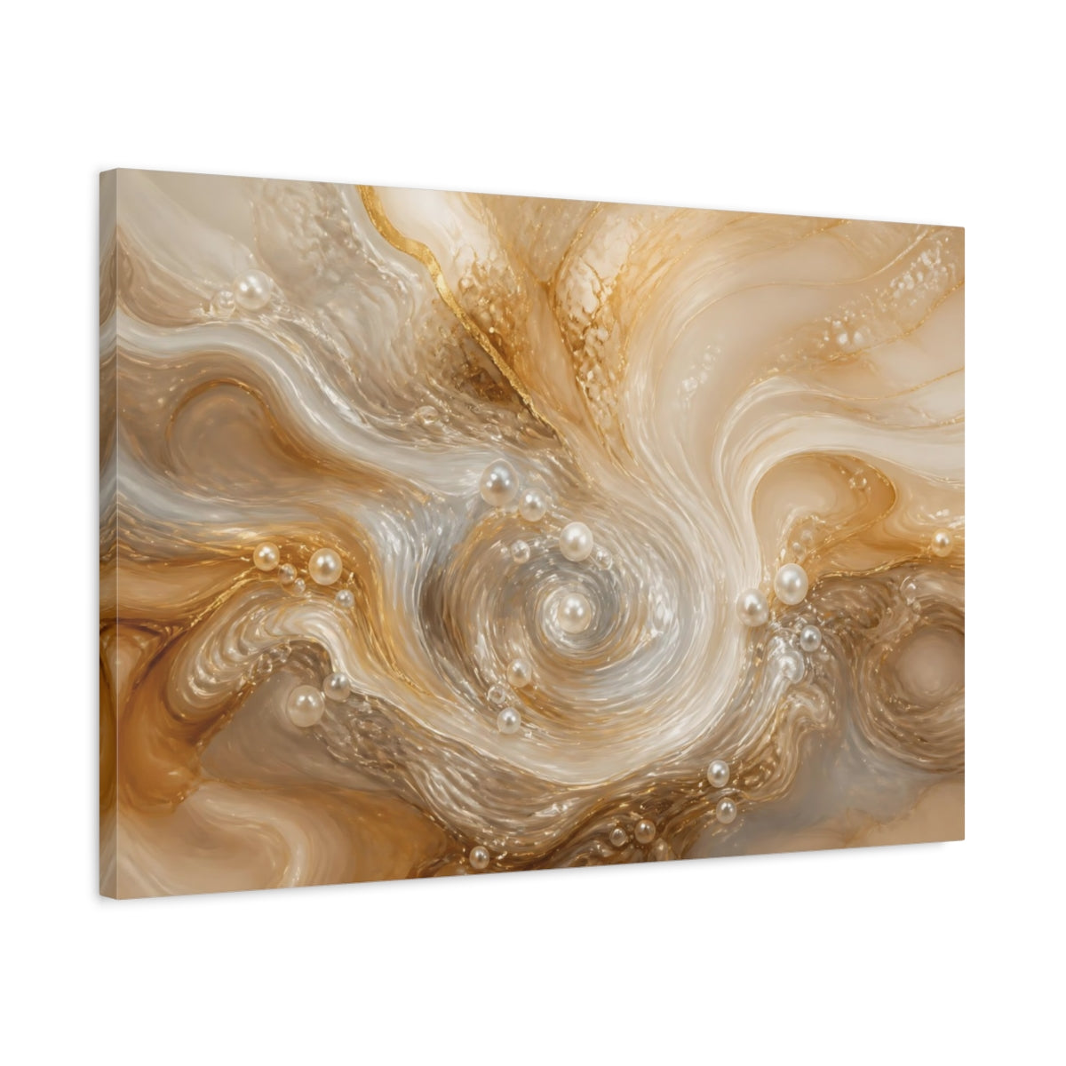 Side Mockup 2. Abstract Pearl Swirls Gold White Abstract shown as stretched canvas wall art