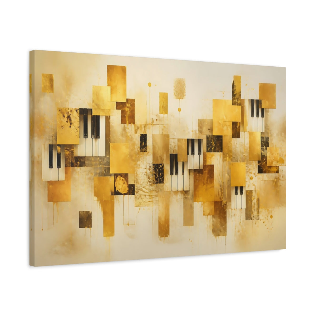 Side Mockup 2. Abstract Piano Keys Gold And Black shown as stretched canvas wall art